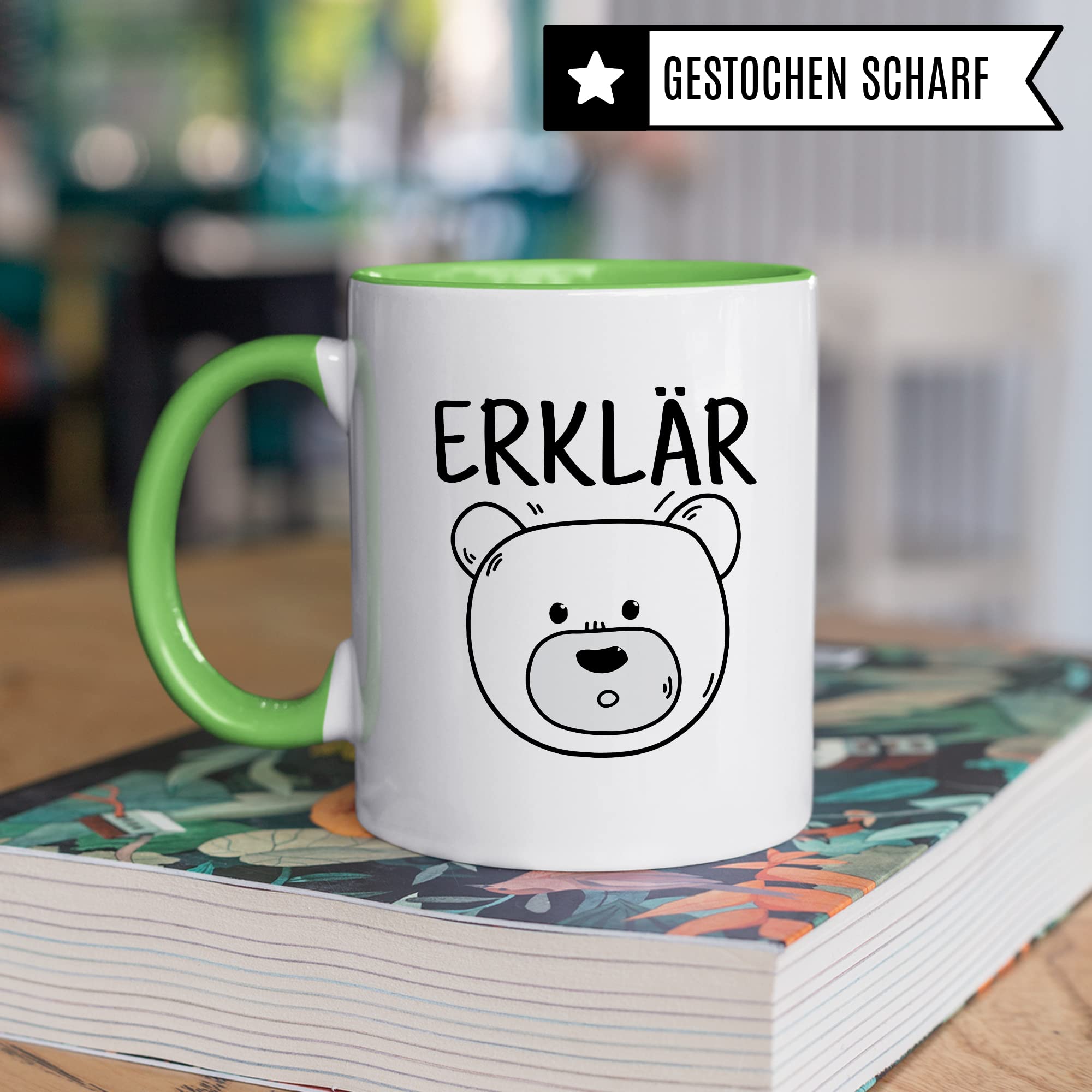 Tasse Erklärbär Geschenk Tasse mit Wortspiel Geschenkidee Kaffeetasse Tasse mit Spruch lustig Bären-Motiv Kaffee-Becher Teetasse Witztasse Humor Witz Deutschlehrer Germanistik