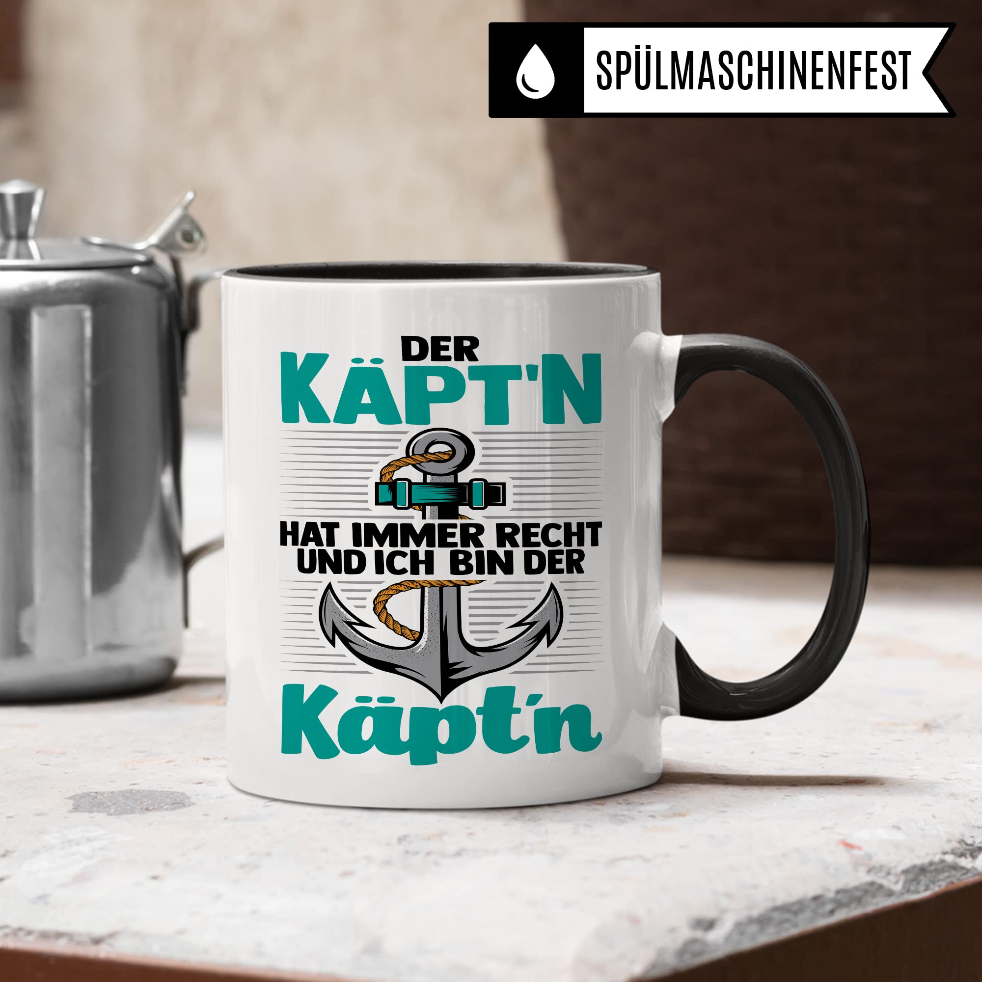 Kapitän Tasse, Der Käpt´n hat immer Recht und ich bin der Käpt´n Geschenk Kaffee-Becher Geschenkidee Bootliebhaber Kaffeetasse Bootbesitzer Tasse mit Spruch lustig Motiv