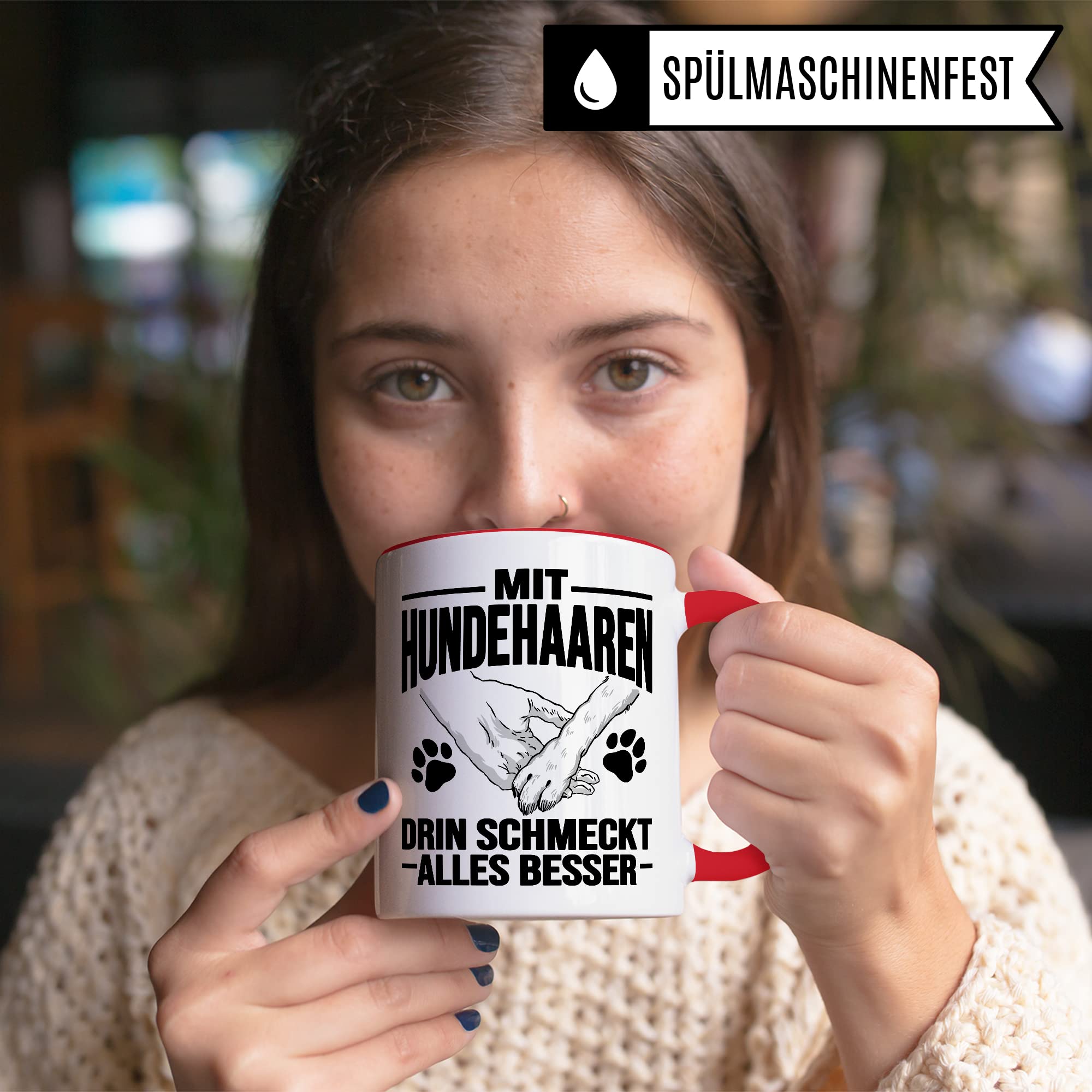 Hunde Tasse Geschenk, Mit Hundehaaren drin schmeckt alles besser Geschenkidee Hundebesitzer Kaffee-Becher Kaffeetasse Teetasse Hundehalter Hund Tasse mit Spruch lustig