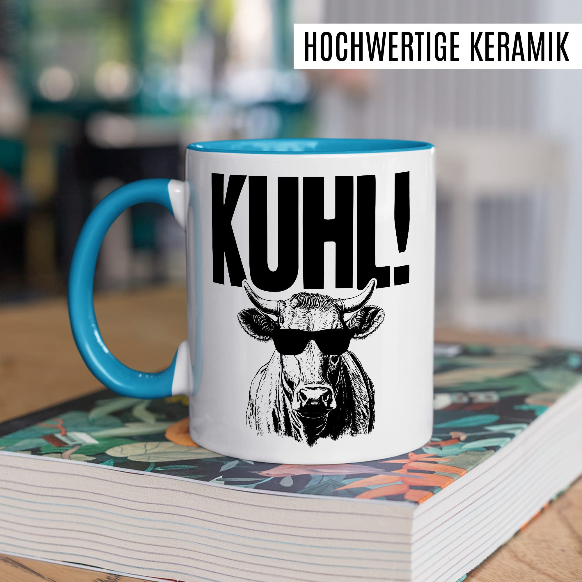 KUHL Tasse mit Spruch witzige Kaffeetasse mit Kuh Motiv Humor Geschenk Geschenkidee Kollegen Büro Kaffee-Becher lustig Freundin Kühe Sonnen Brille Cool Wortwitz Schreibfehler