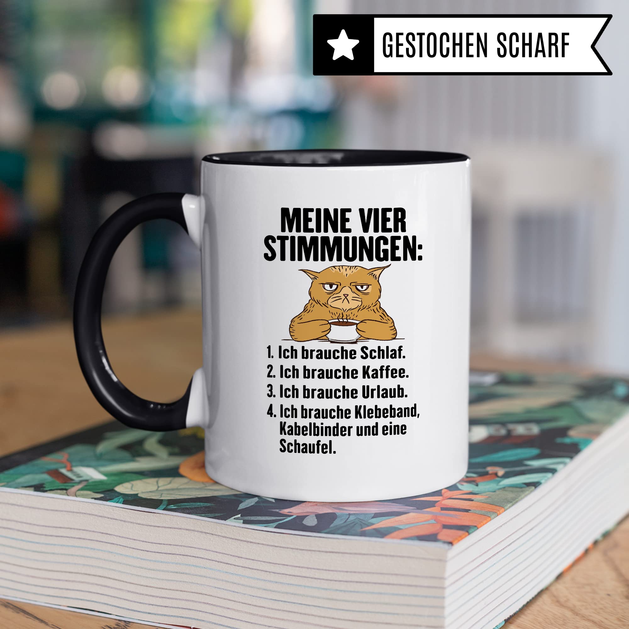 Tasse Humor Geschenk, Meine vier Stimmungen Kaffeetasse mit Spruch lustig Geschenkidee Kaffee-Becher Flachwitz humorvolle Teetasse Witzbold Humortasse