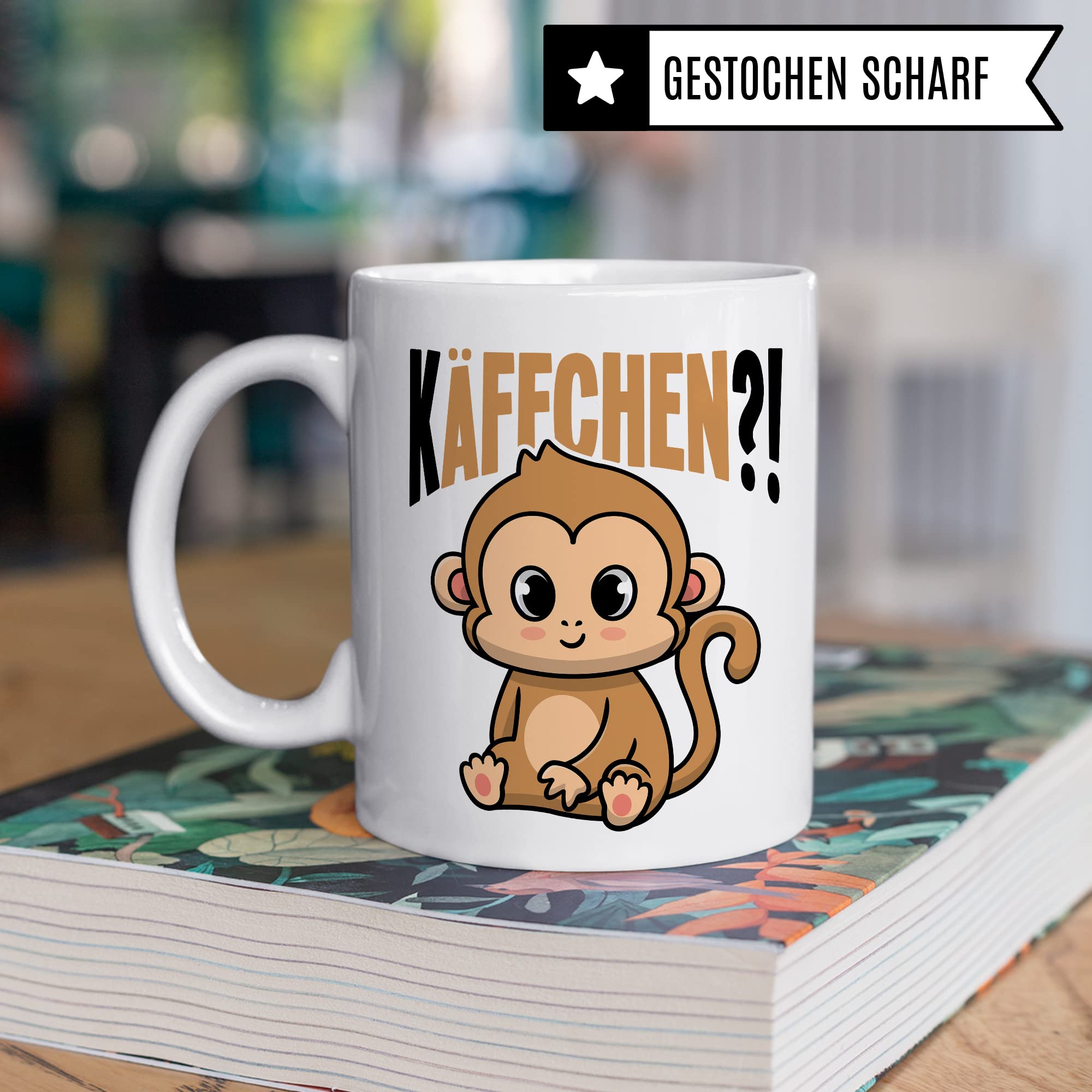 Käffchen Tasse Geschenk Kaffeetasse mit Spruch lustig Kaffee-Becher mit Affen-Motiv Teetasse Geschenkidee Kaffee-Liebhaber Kaffeetrinker und Kaffee-Fans Kaffee-Verehrer