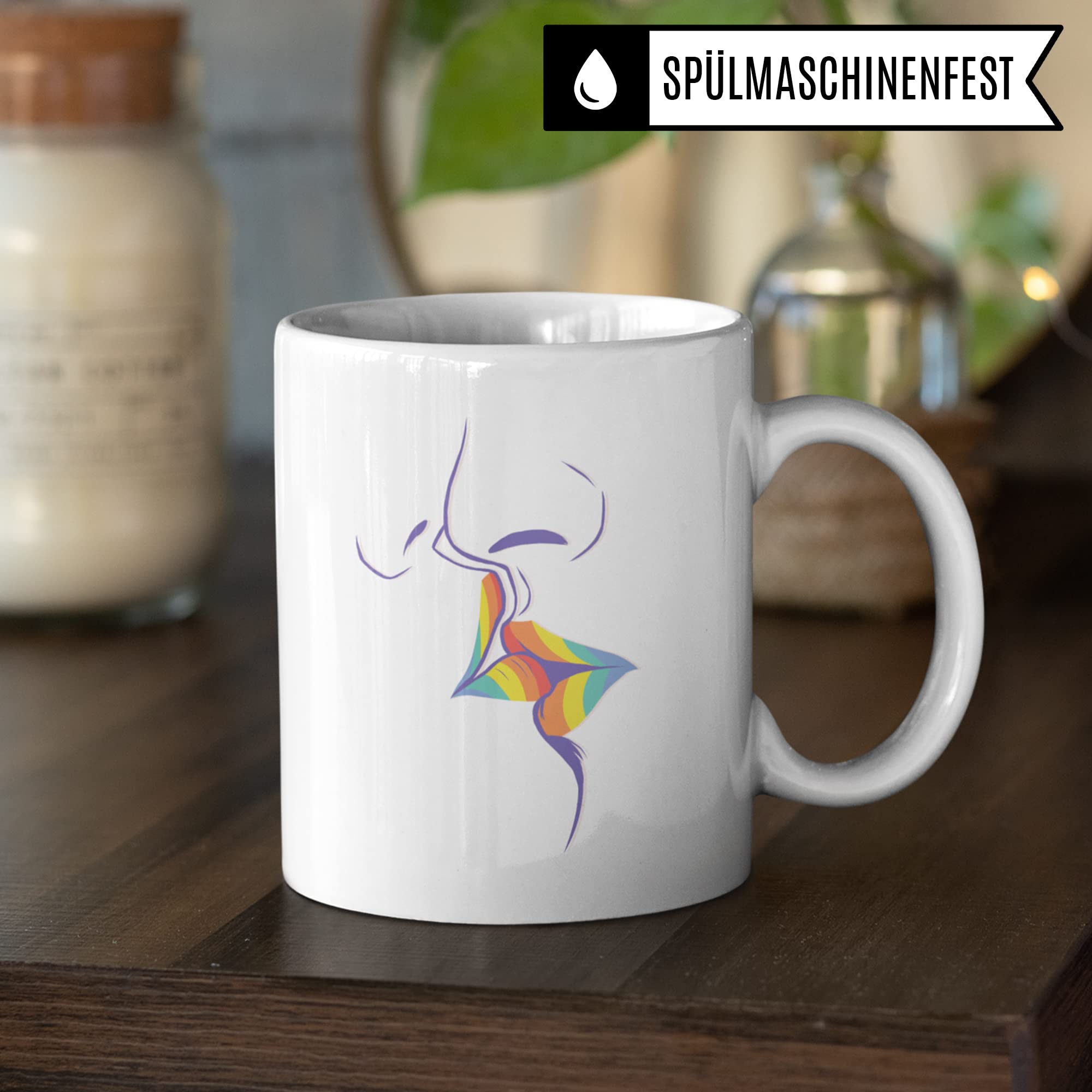 LGBT Tasse Kuss | Gay Pride Geschenke Schwul Lesbisch LGBTQ CSD Motiv | Kaffee-Becher Equality Queer Love is Love | Rainbow Kiss Kaffeetasse