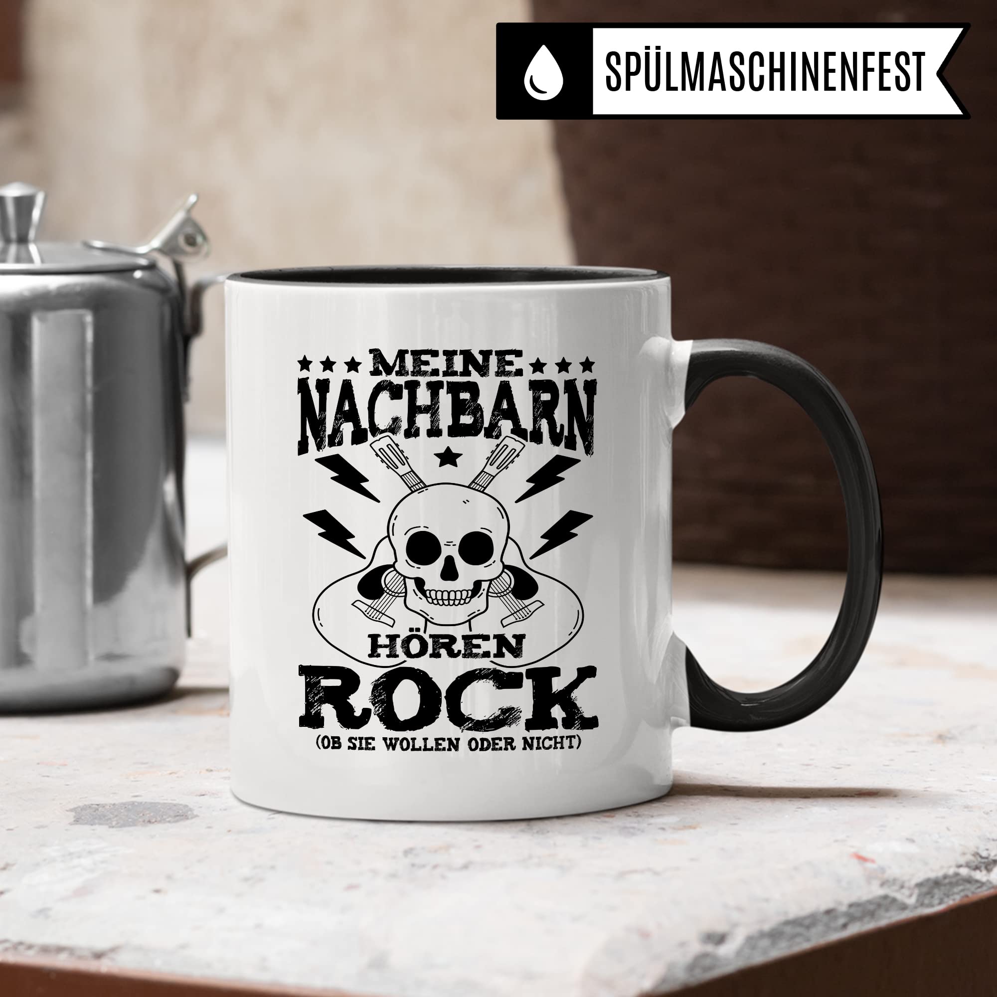 Rock Tasse Rocker Kaffeetasse Metal Fan Geschenkidee Kaffee-Becher Geschenk Spruch lustig Humor Teetasse Witz Meine Nachbarn hören Rock