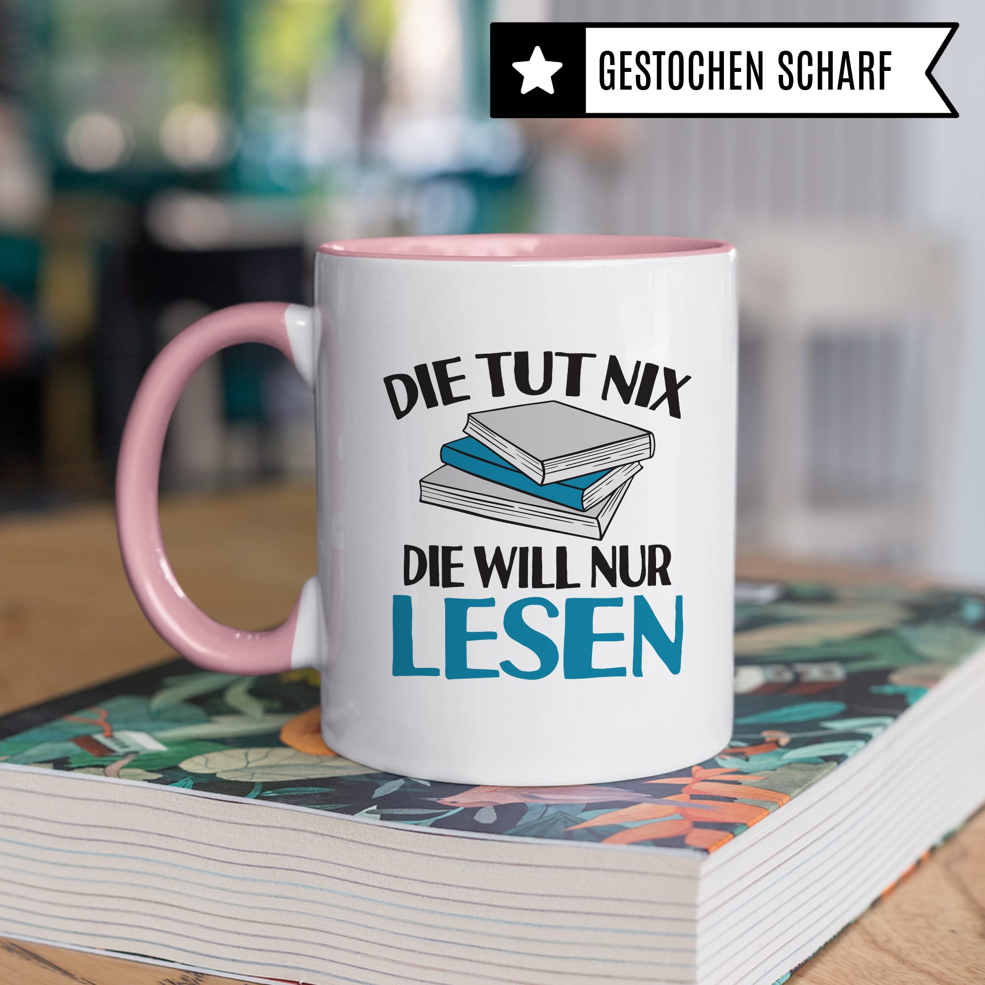 Lesen Tasse lustig Kaffeetasse mit Spruch Bücherwurm Geschenkidee Humor Kaffee-Becher Leseratte Geschenk Die tut nix Die will nur lesen Freundin Kollegin Buch Fan Geschenkartikel lustig Teetasse