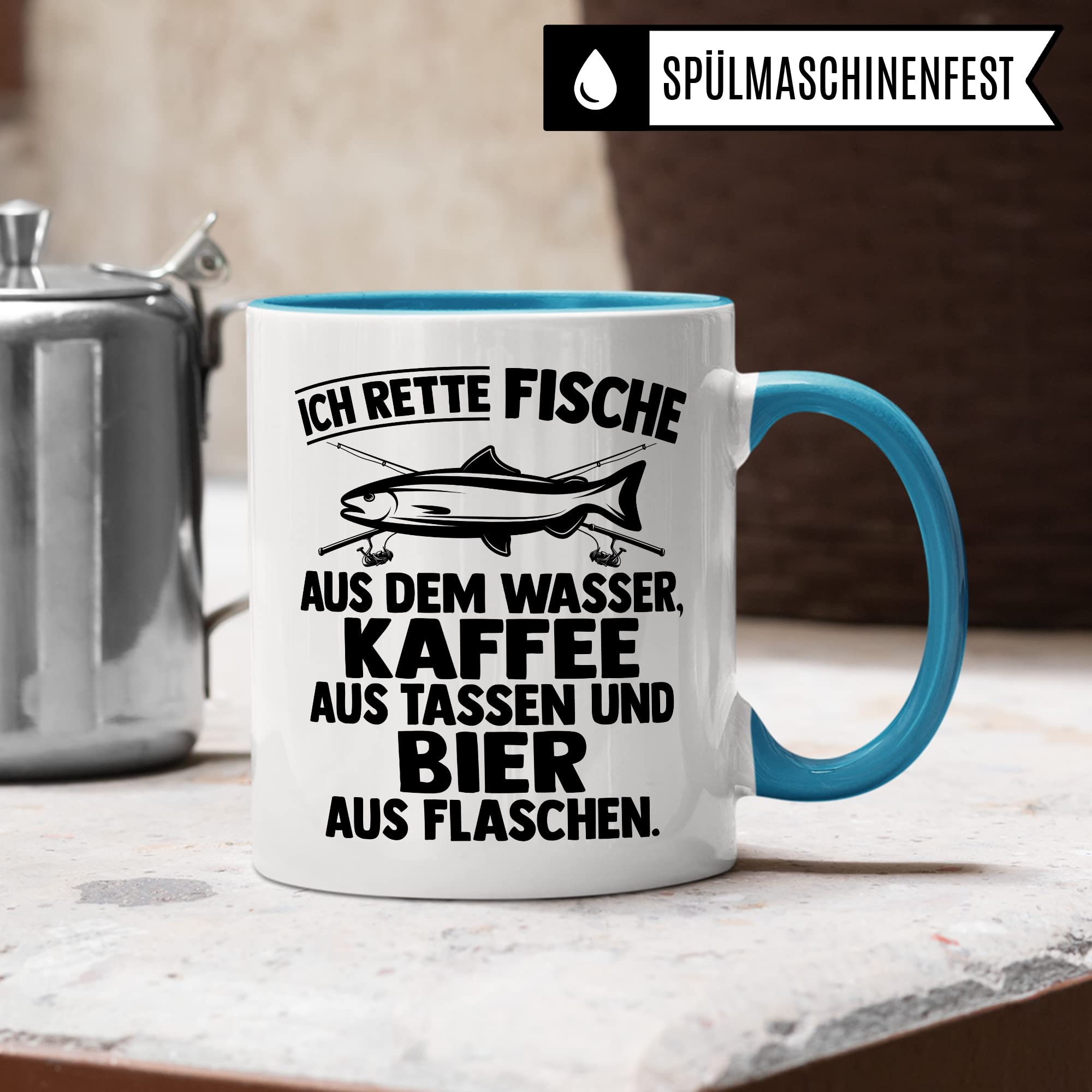 Angler Tasse Geschenk, Ich rette Fische aus dem Wasser, Kaffee aus der Tasse Bier aus der Flasche Geschenkidee Angler Fischer Kaffeetasse mit Spruch lustig Kaffee-Becher Fisch-Liebhaber