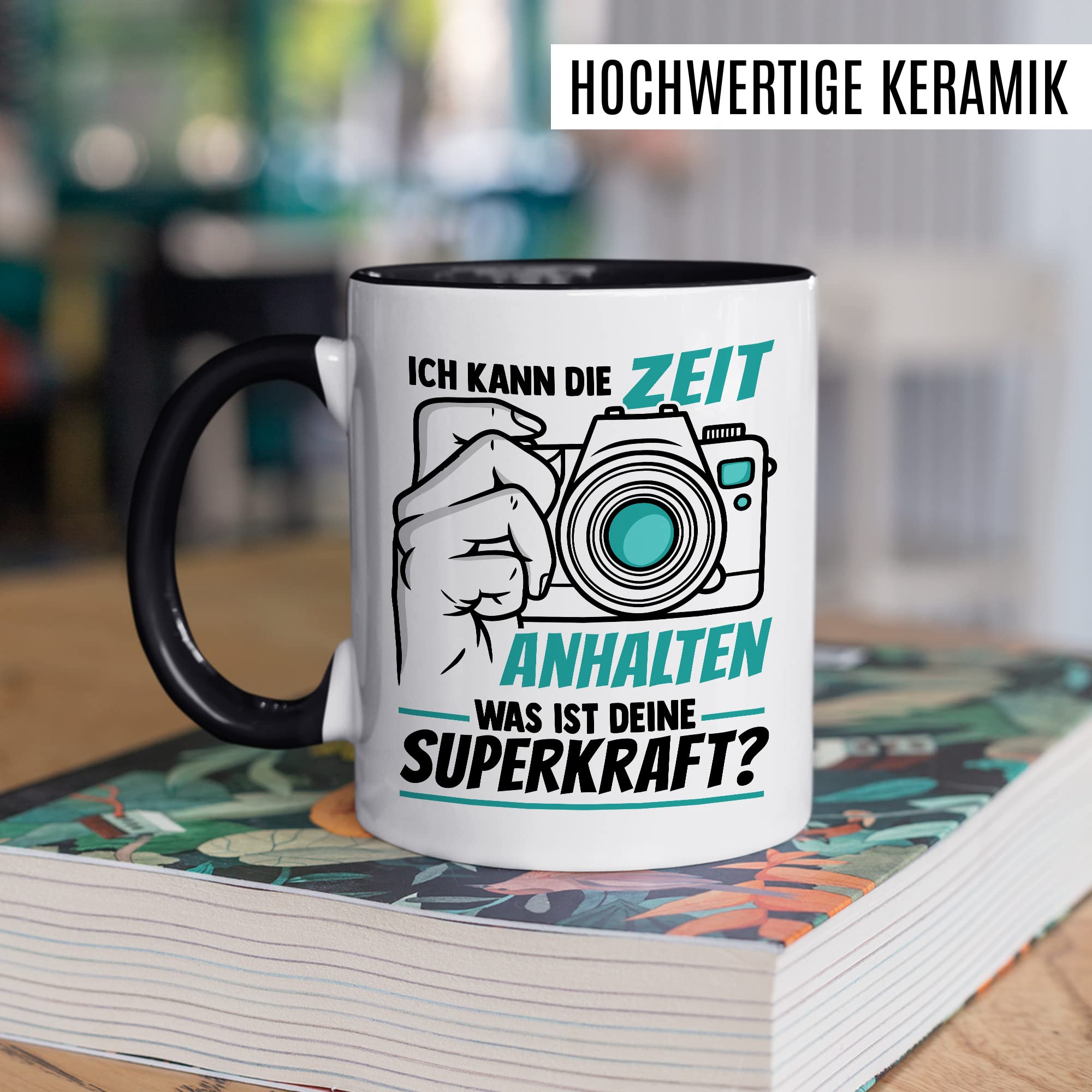 Tasse Kameramann Geschenk, Ich kann die Zeit einhalten - Und was ist deine Superkraft Geschenkidee Fotograf Kaffee-Becher Kaffeetasse mit Spruch lustig Kamera fotografieren