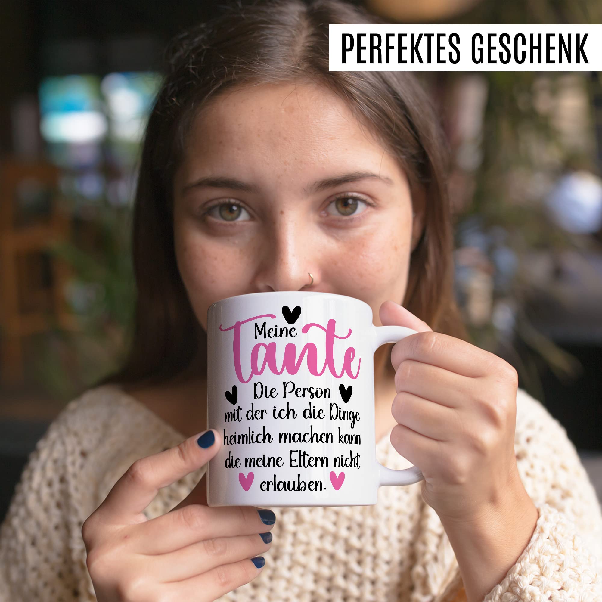 Tante Tasse Geschenk Patentante Kaffeetasse lustig Geschenkidee Familie Kaffee-Becher Nichte Neffe Humor Heimlich Dinge die meine Eltern nicht erlauben Spruch