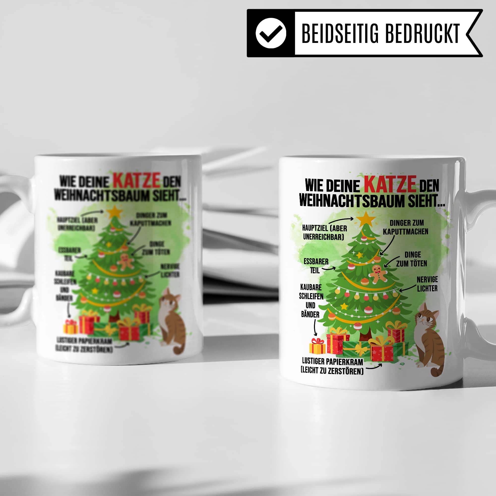 Katzen Tasse Weihnachten Kaffeetasse lustig Weihnachtsbaum Kaffee-Becher Katzenliebhaber Geschenkidee Vierbeiner Katzenhalter Geschenk Tasse mit Spruch Humor Sarkasmus Glühweintasse