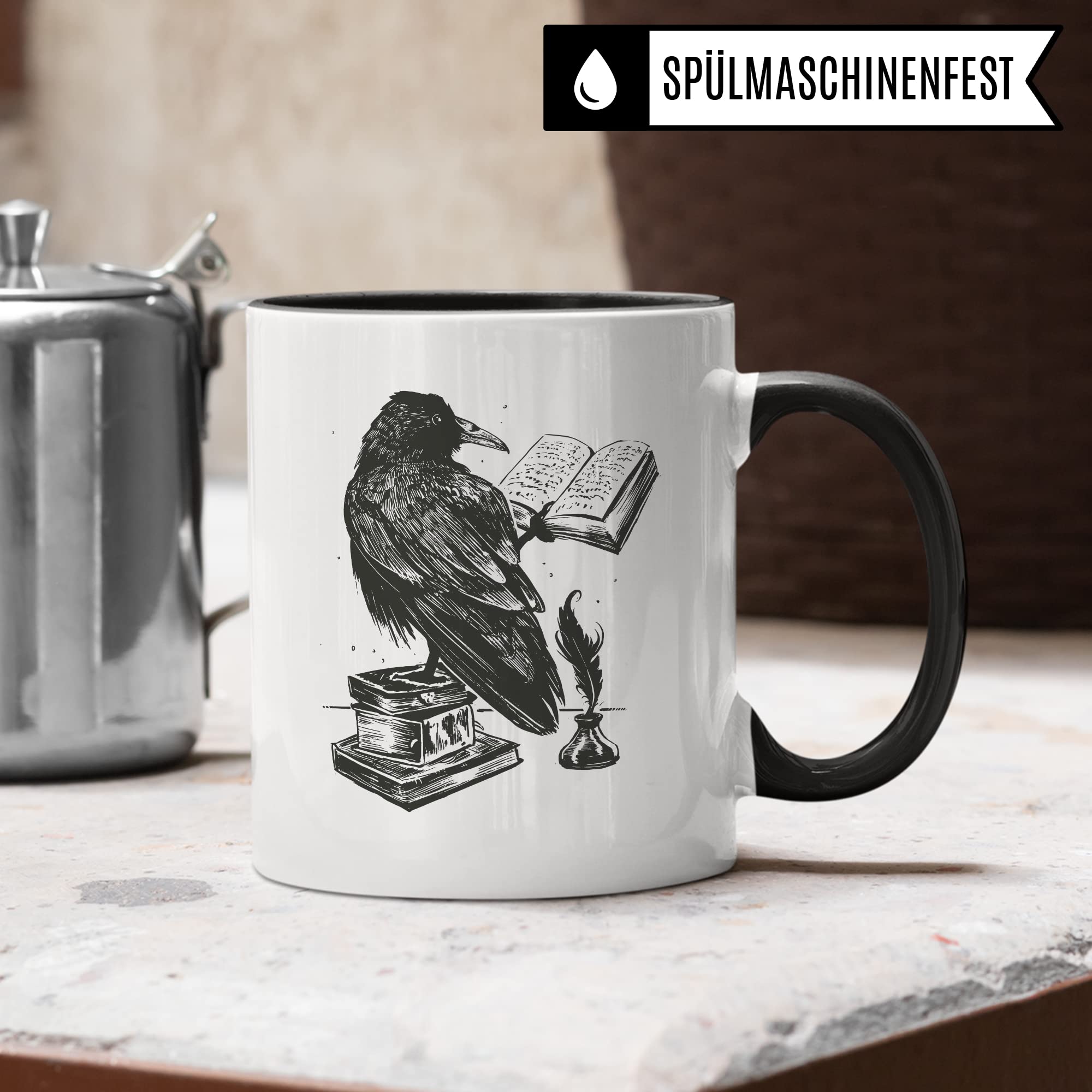 Bücher Tasse Raben Kaffeetasse Geschenk Bücherwurm Lesen Kaffee-Becher Leseratte Teetasse Geschenk Buch Bücherfan Geschenkidee Fantasy