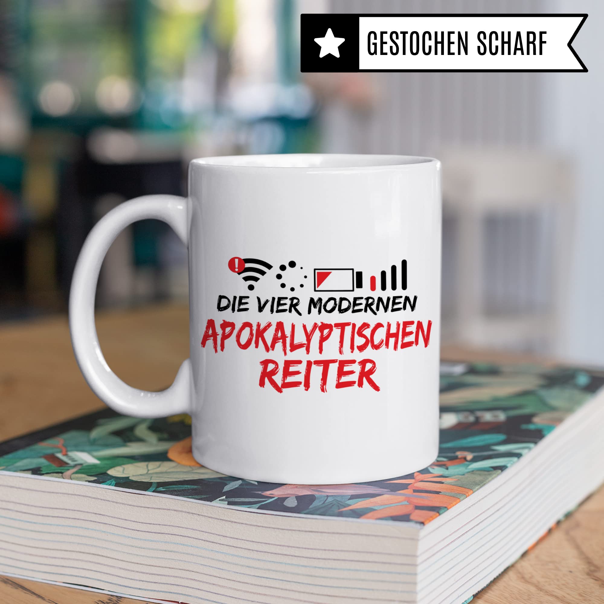 Tasse mit Spruch lustig: Apokalyptische Reiter, Kaffeetasse Humor Witz Geschenk für Teenager Geschenkidee, Smombie Wlan Handy Sarkasmus Ironie Kaffee-Becher