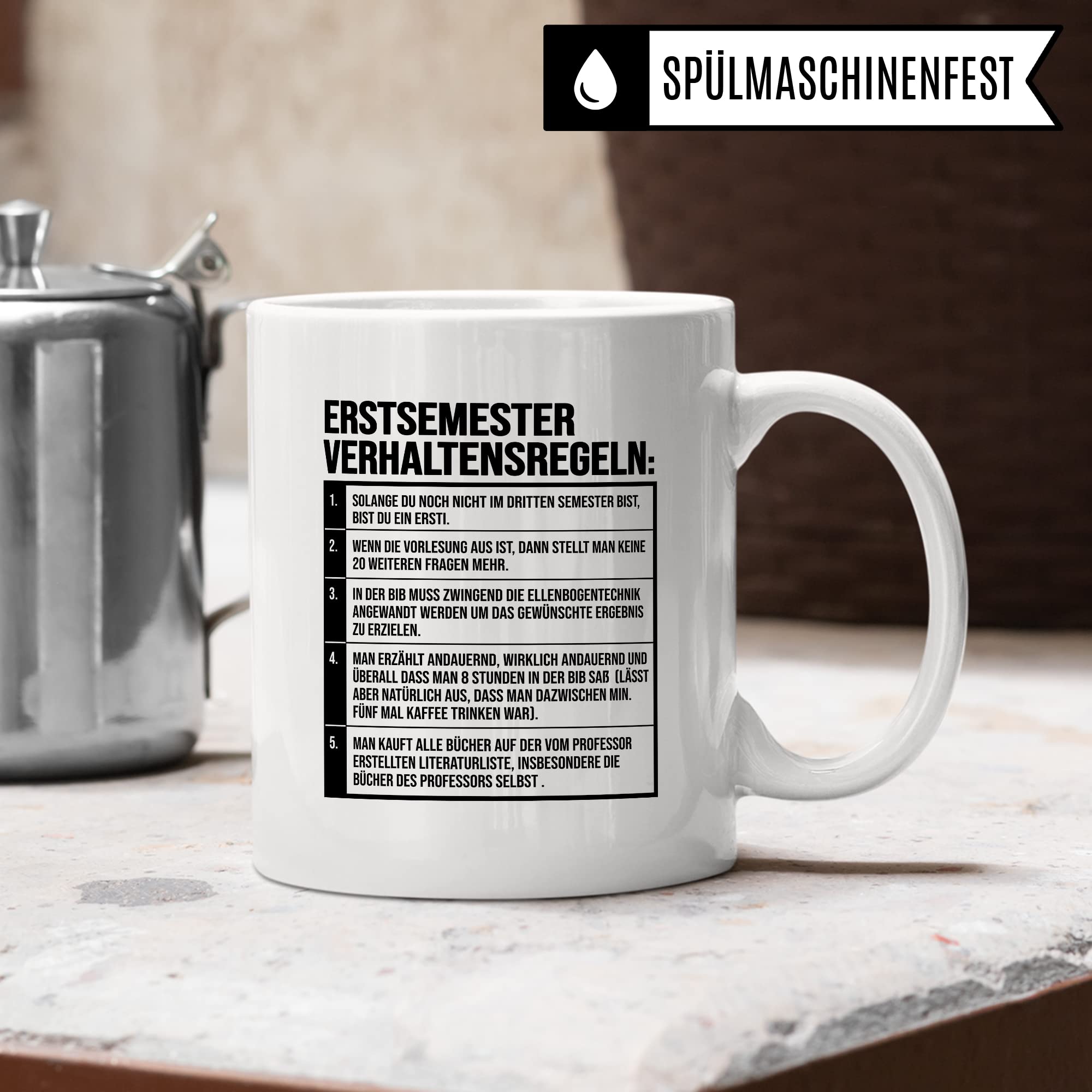 Erstsemester Tasse lustig Student Kaffeetasse Witz Studentin Kaffee-Becher Humor erstes Semester Geschenk Studienbeginn Geschenkidee Ersti Regeln Verhaltensregeln