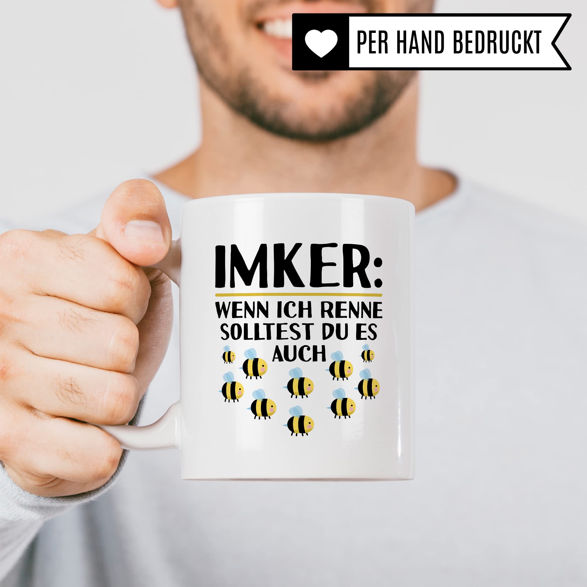 Tasse Imker Geschenk, Wenn ich renne solltest du es auch Geschenkidee Bienenzüchter Kaffee-Becher Tasse mit Spruch lustig Kaffeetasse Bienenvater Witztasse Humor Teetasse