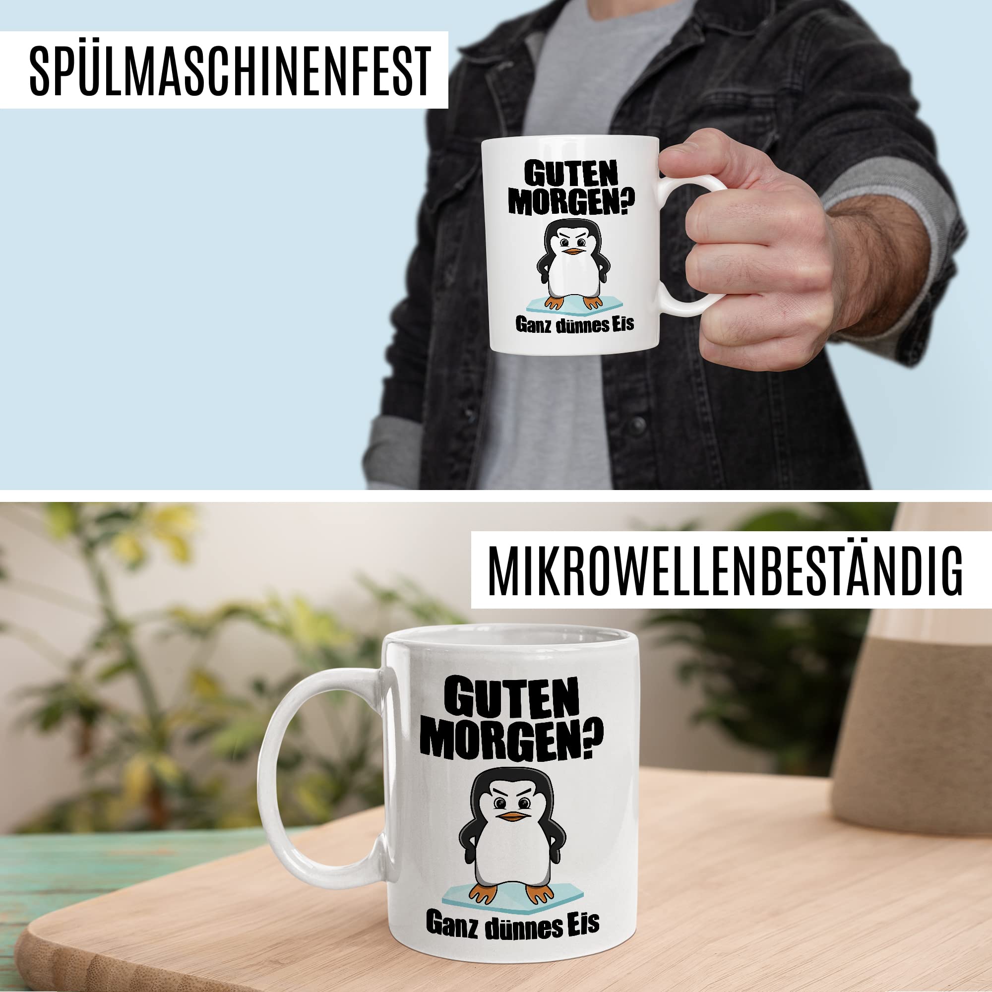 Tasse Morgenmuffel Geschenk, Guten Morgen? Ganz dünnes Eis Geschenkidee Kaffeetasse mit Spruch lustig Kaffee-Becher Bürogeschenk Pinguin-Motiv lustige Tasse Kollegen