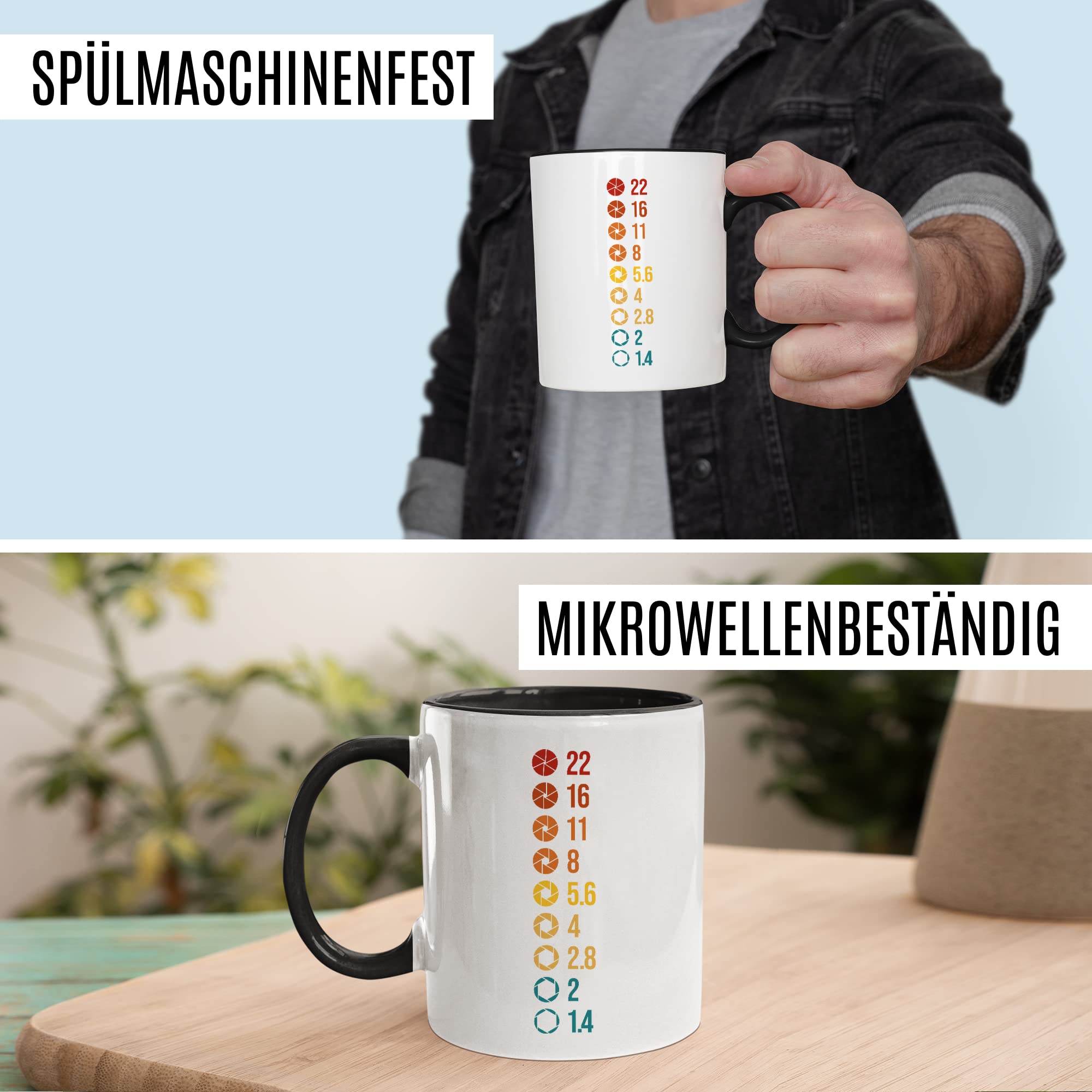 Tasse Kamera Geschenk, 22 16 11 8 Geschenkidee Kameramann Fotograf Blende Kaffee-Becher Kaffeetasse Tasse mit Blenden-Motiv fotografieren Kamera-Liebhaber Objektiv