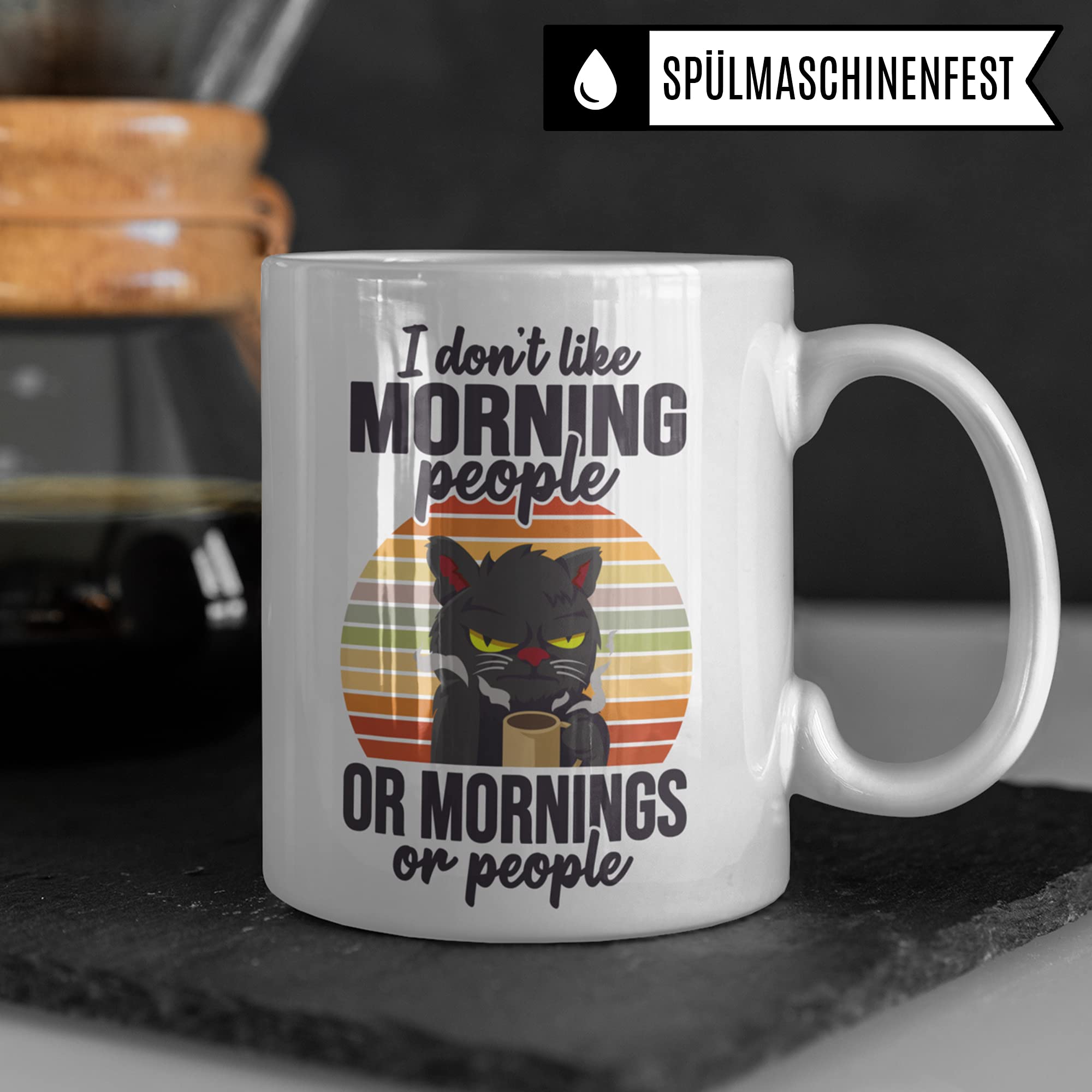 Morgenmuffel Tasse mit Spruch - I don't like morning people Katze Tasse - Kaffeetasse Katze lustig - Geschenk für Katzenliebhaber & Katzendame Frauen Männer Kaffeebecher