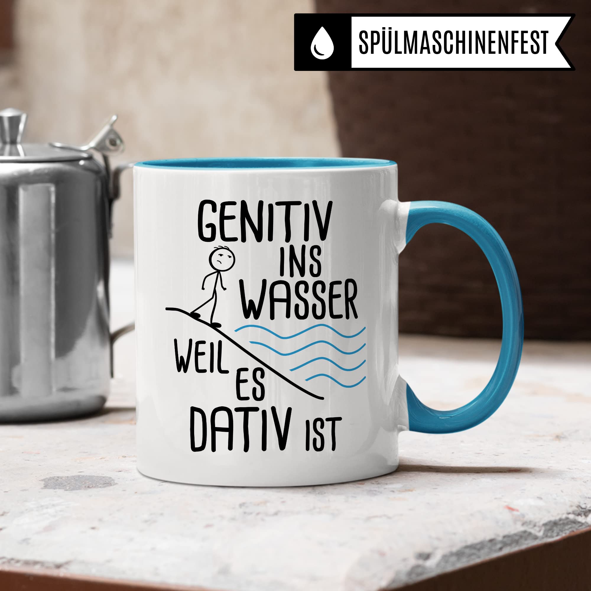 Grammatik Tasse, Genitiv ins Wasser weil es Dativ ist Geschenk Kaffee-Becher Geschenkidee Lehrer Tasse mit Spruch lustig Grammatik Deutsch Dativ Genitiv Kaffeetasse Teetasse Germanist