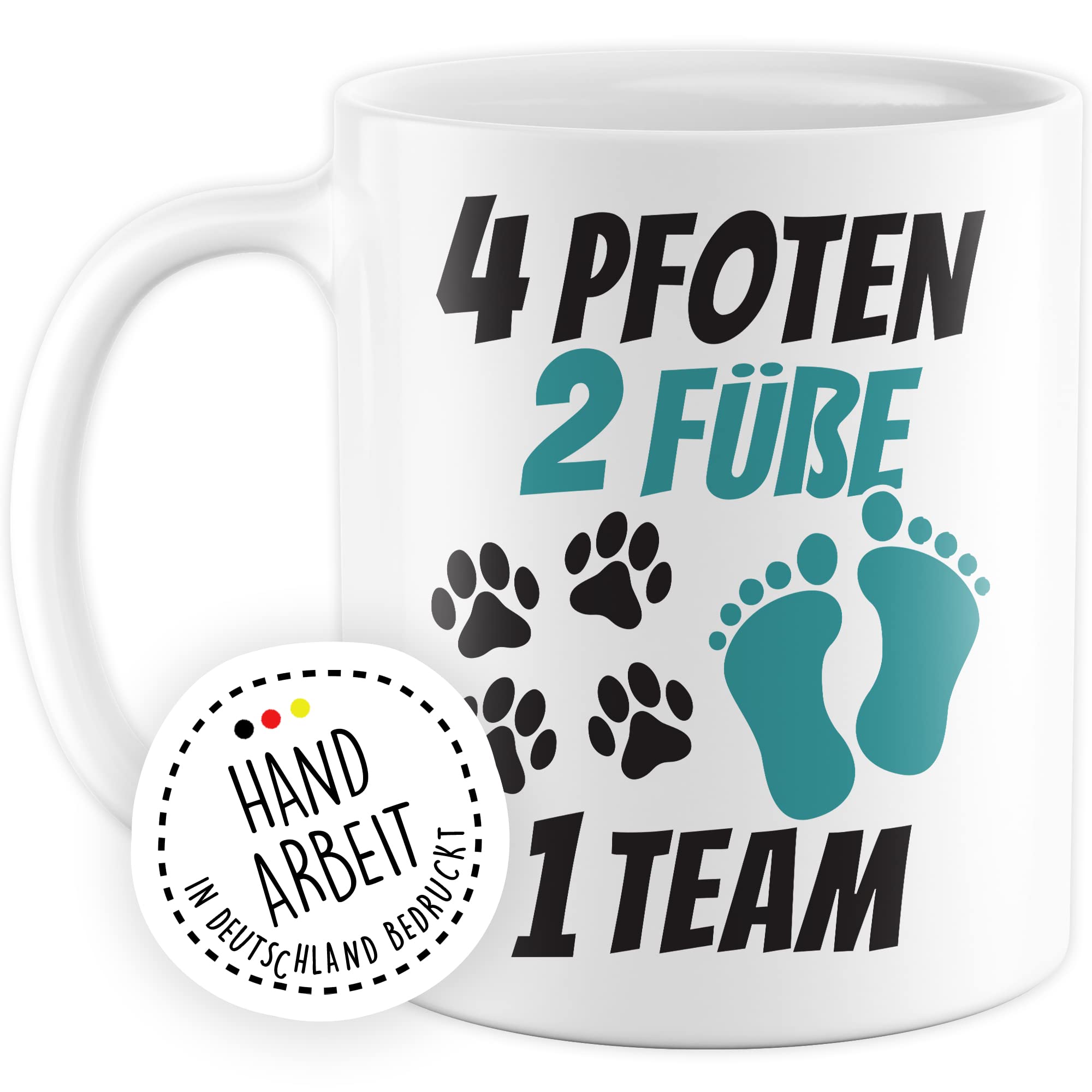 Tasse Hundebesitzer Geschenk, 4 Pfoten 2 Füße 1 Team Geschenkidee Kaffeetasse mit Spruch Hundehalter Hunde-Liebhaber Hund Kaffee-Becher Hand & Pfote Vierbeiner