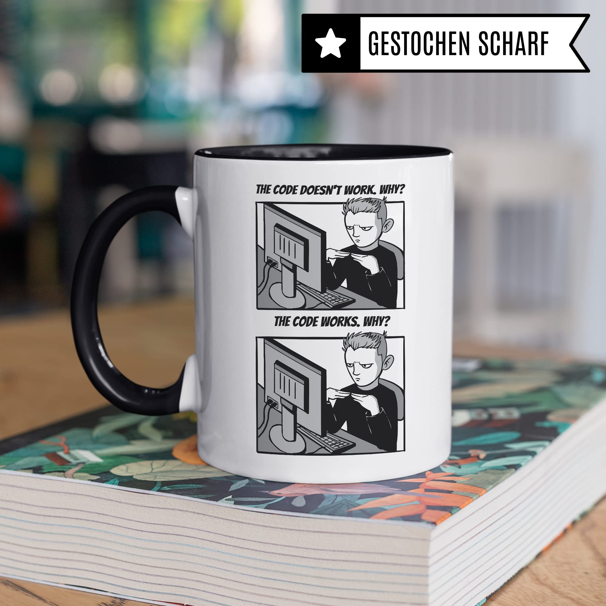 Informatik Geschenk Tasse, The Code doesn´t work - Why? Geschenkidee für Programmierer Kaffee-Becher Informatiker Programmieren Teetasse mit Spruch lustig