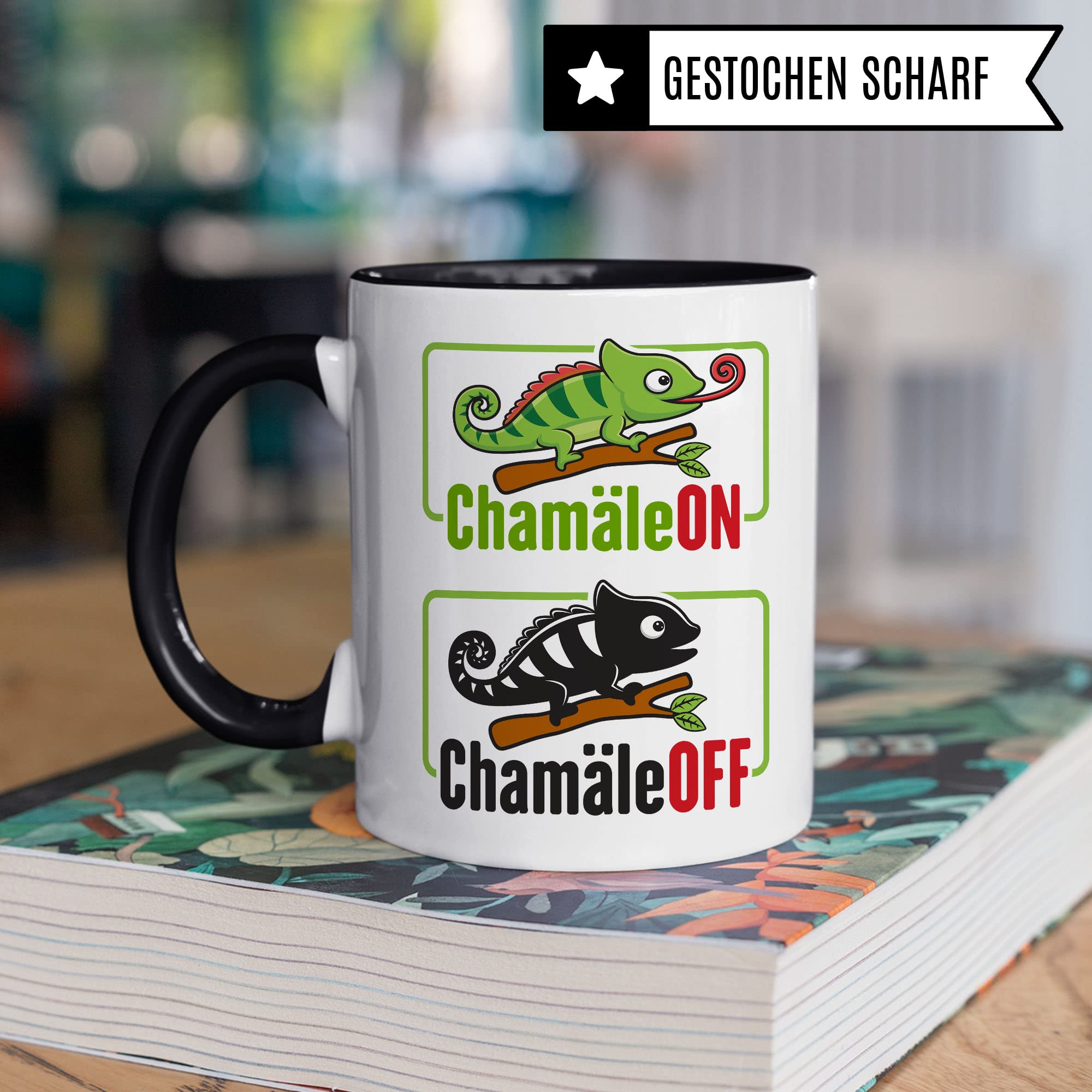 Tasse ChamäleON ChamäleOFF, Lustige Tasse mit Spruch und Tier Motiv, Büro lustig Sarkasmus Comic Witz Tiere Chamäleon Geschenk