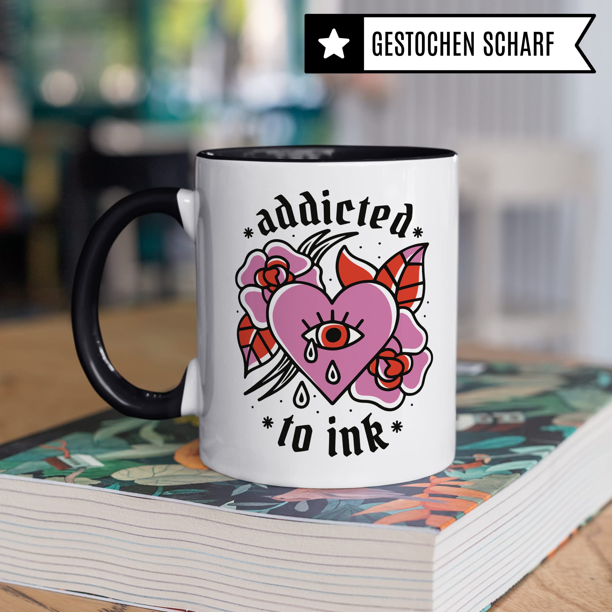 Tasse Tattoo, Addicted to Ink Tasse, Geschenk Tattowierer Tattoo Motiv Spruch, Geschenkidee Tattowierte Beruf Tattoowierer Kaffeetasse schönes Motiv