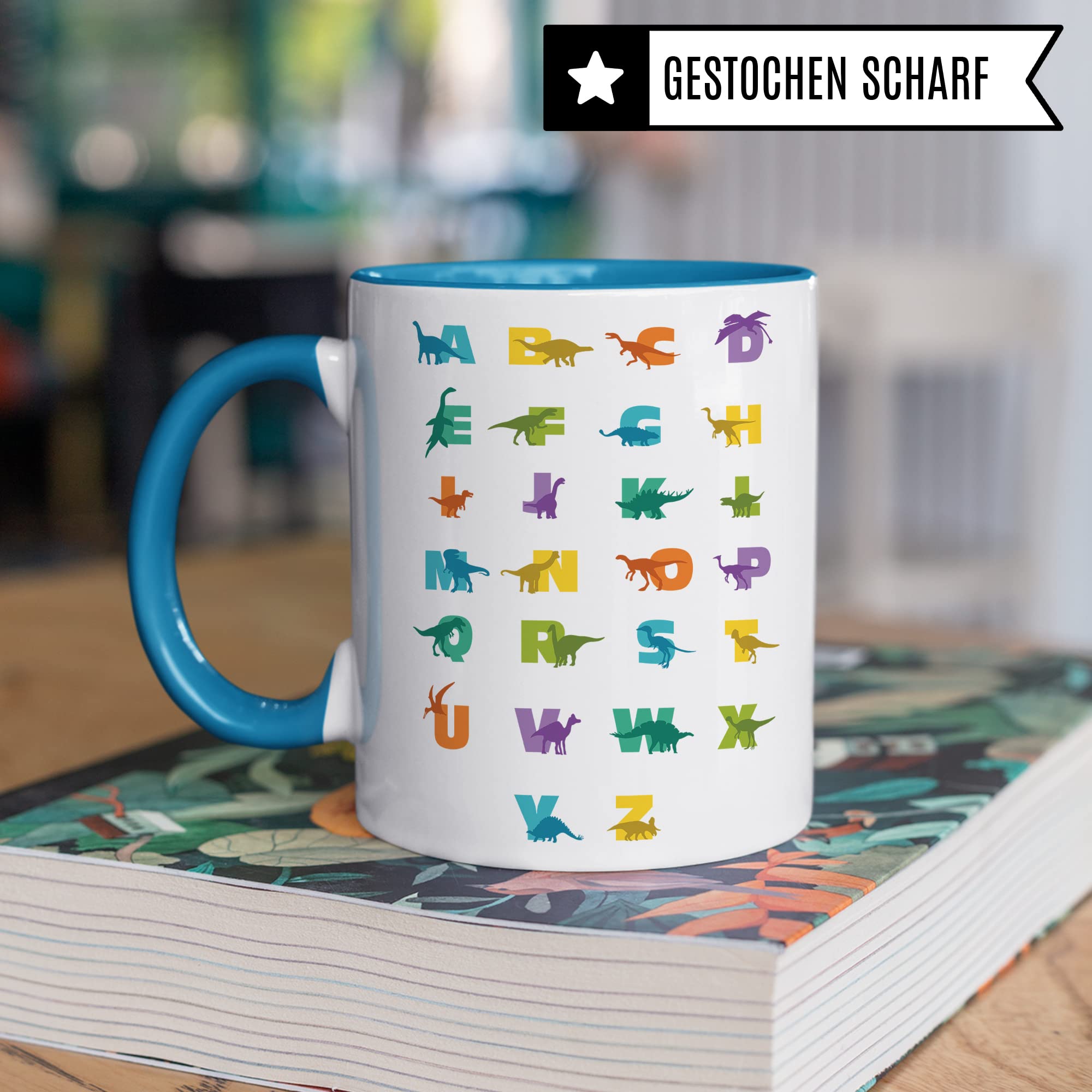 Alphabet Tasse für Kinder, Dino Becher zum Buchstaben lernen mit Dinosaurier Schulkind Schule Motiv für Jungen & Mädchen