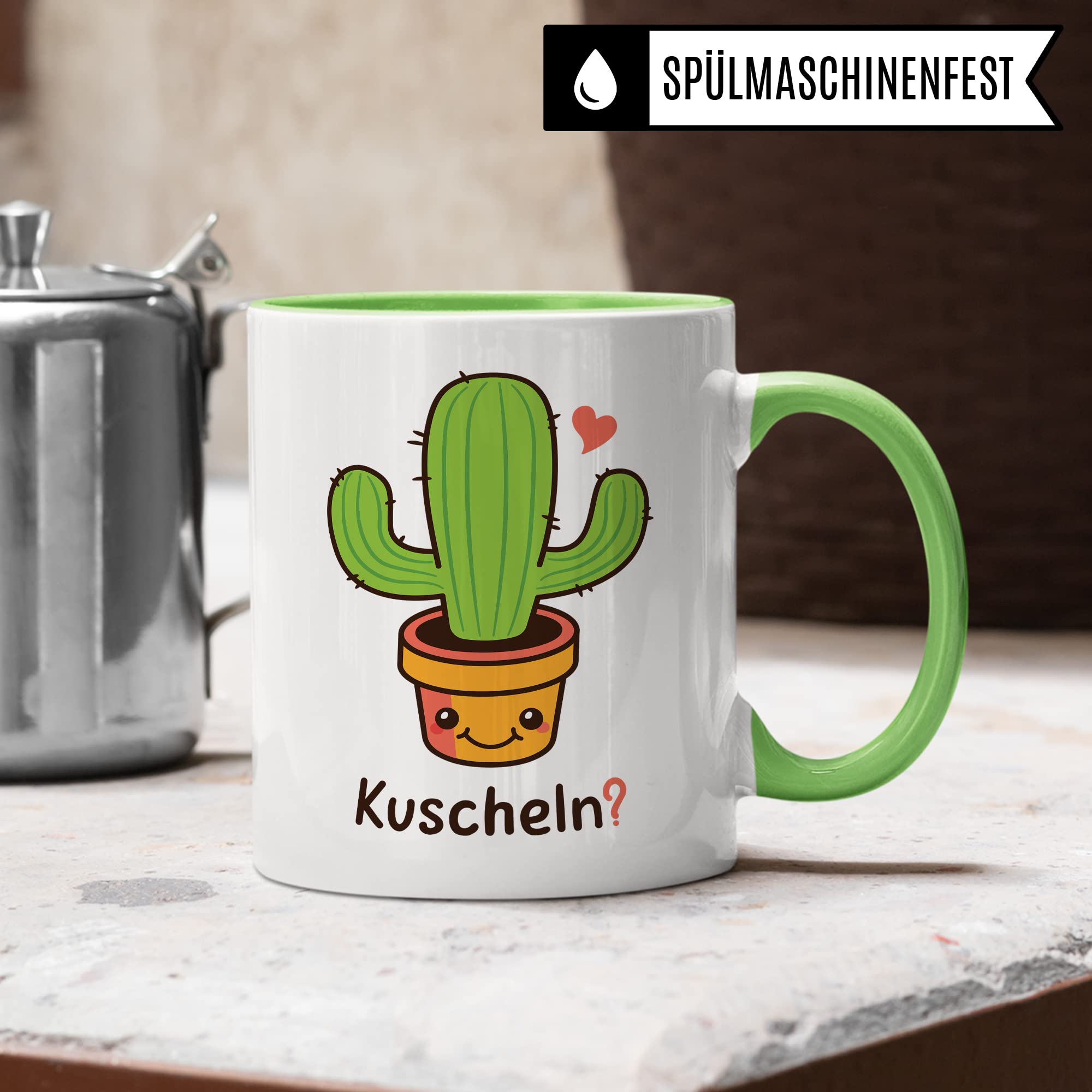 Lustige Tasse mit Spruch: Kuscheln?, Kaktus-Motiv, Geschenk für Lehrer Kollegen Freund Freundin Arbeiter, Geschenkidee Büro lustig Sarkasmus, Kaffeetasse sarkastische Spruch