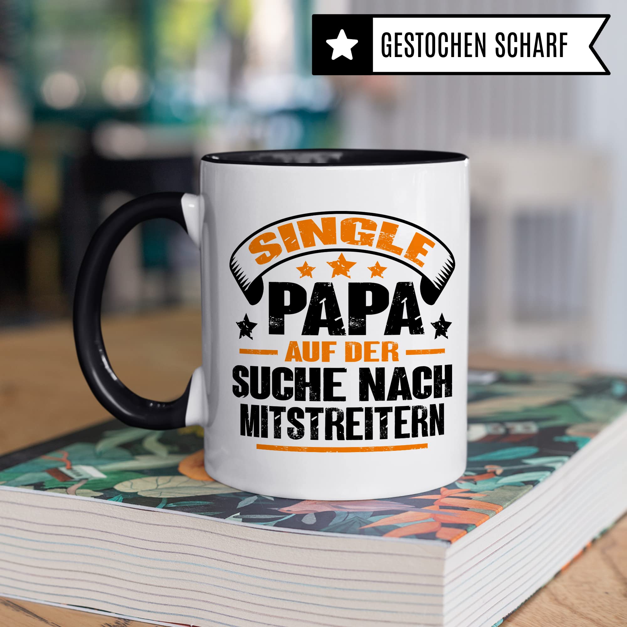 Tasse Single Papa, Single Papa auf der Suche nach Mitstreitern Geschenk Männer Geschenkidee Man Singles Kaffee-Becher Gleichgesinnte Vater Teetasse Kaffeetasse mit Spruch