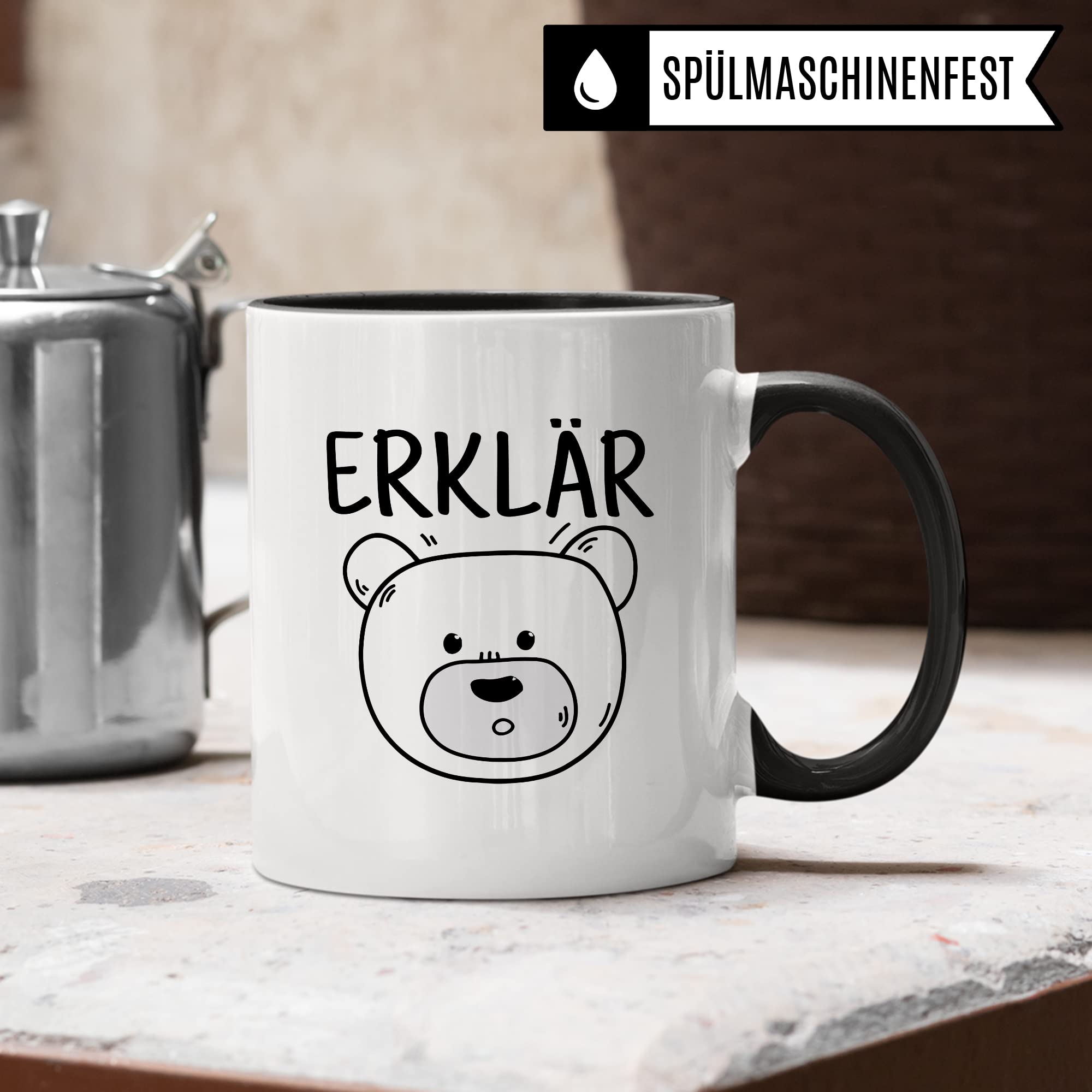 Tasse Erklärbär Geschenk Tasse mit Wortspiel Geschenkidee Kaffeetasse Tasse mit Spruch lustig Bären-Motiv Kaffee-Becher Teetasse Witztasse Humor Witz Deutschlehrer Germanistik