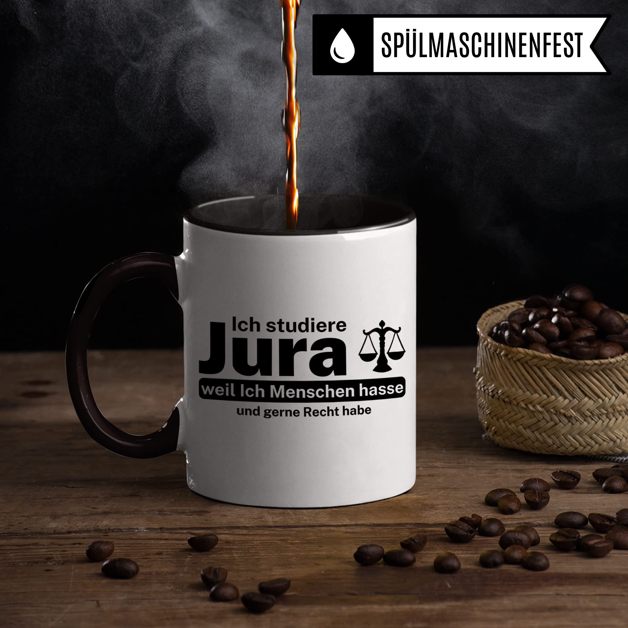 Jura Studium Tasse lustig, Geschenk für Jurastudenten Kaffeebecher, Rechtswissenschaften Student Studentin Geschenkidee Anwalt Anwältin Kaffeetasse