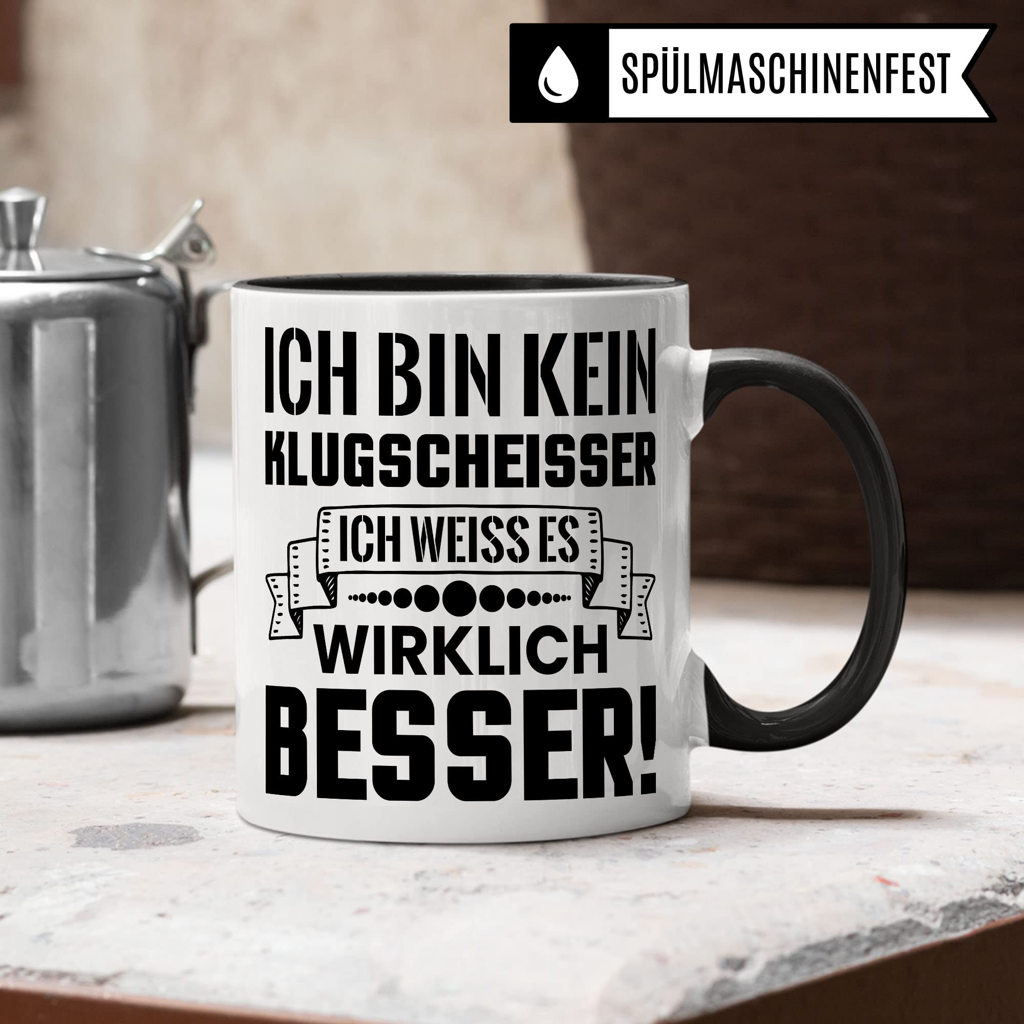 Klugscheisser Tasse, Kaffeetasse Geschenk für Besserwisser, Kaffebecher mit Spruch lustig, Teen Geschenk, Kaffeetasse Humor Witz Geschenk für Kollege, Kollegin Teetasse