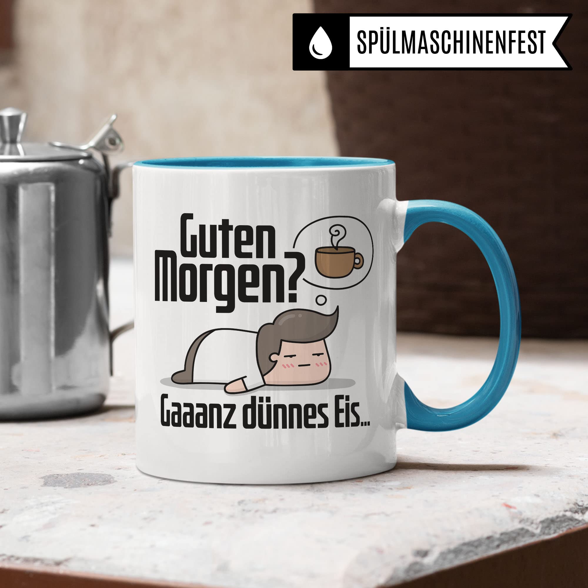 Tasse sarkastischer Spruch, Guten Morgen? Gaaanz dünnes Eis… lustige Geschenkidee Kaffeetasse mit Spruch fürs Büro, Geschenk Kollegen Freund Freundin Müde Morgenmuffel Kaffee-Becher
