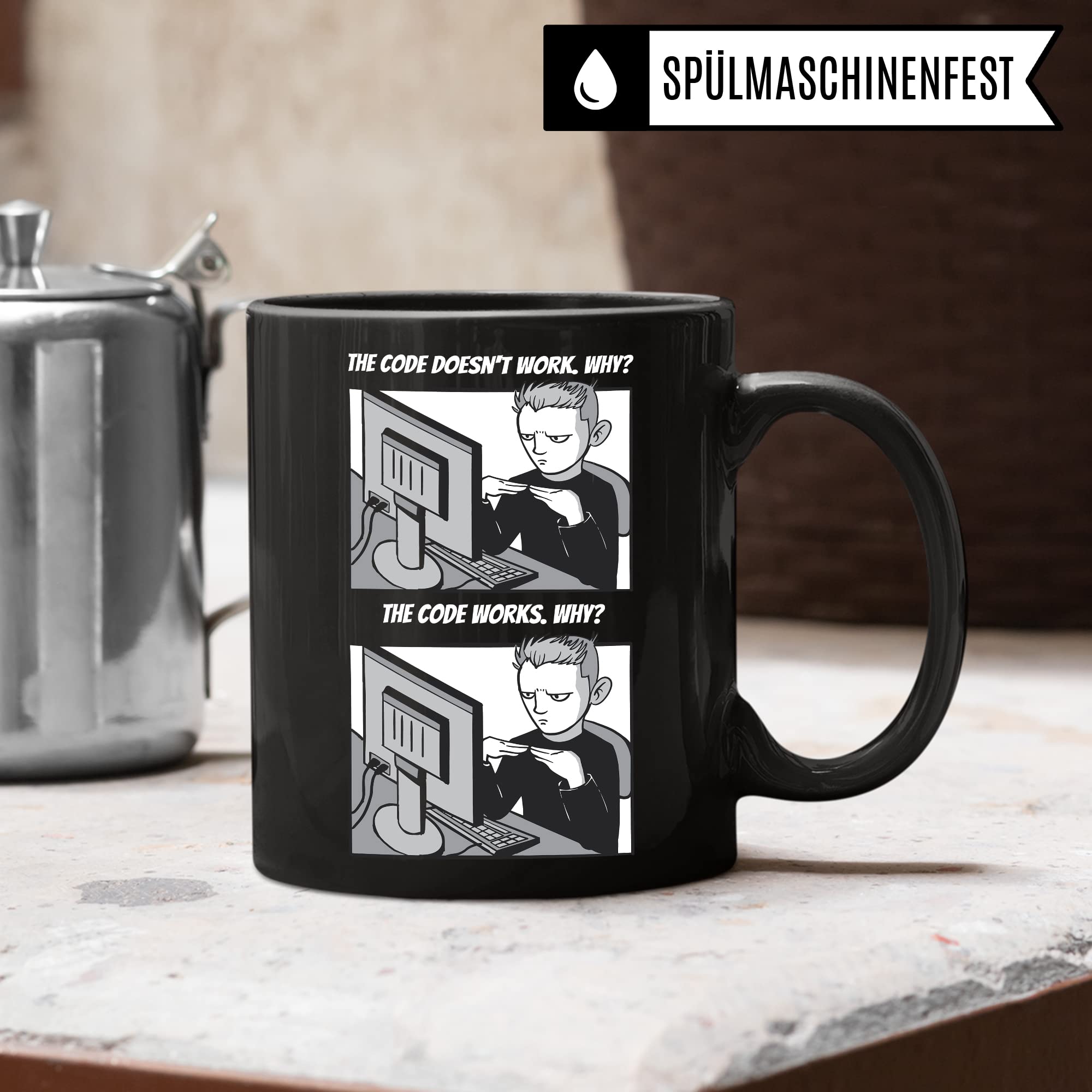 Informatik Geschenk Tasse, The Code doesn´t work - Why? Geschenkidee für Programmierer Kaffee-Becher Informatiker Programmieren Teetasse mit Spruch lustig