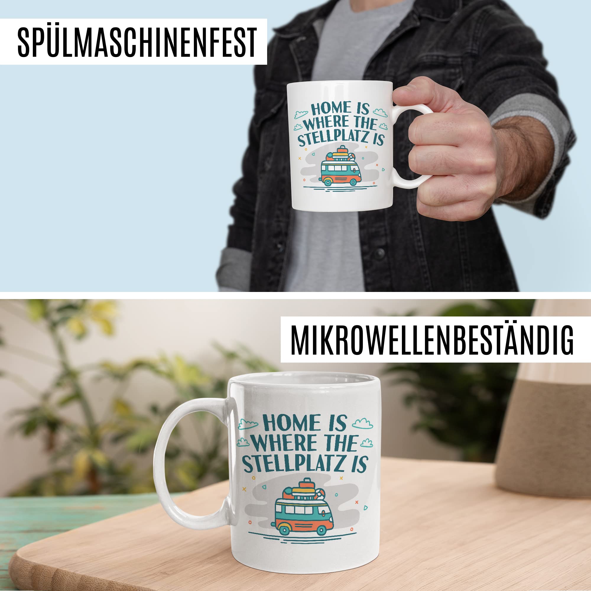 Wohnmobil Tasse Wohnwagen Kaffeetasse Camping Geschenk Camper Kaffee-Becher Stellplatz Geschenkidee Outdoorfans Camperin Campingvan Zeltplatz Campingwagen Campingplatz Zelten Home is Zuhause