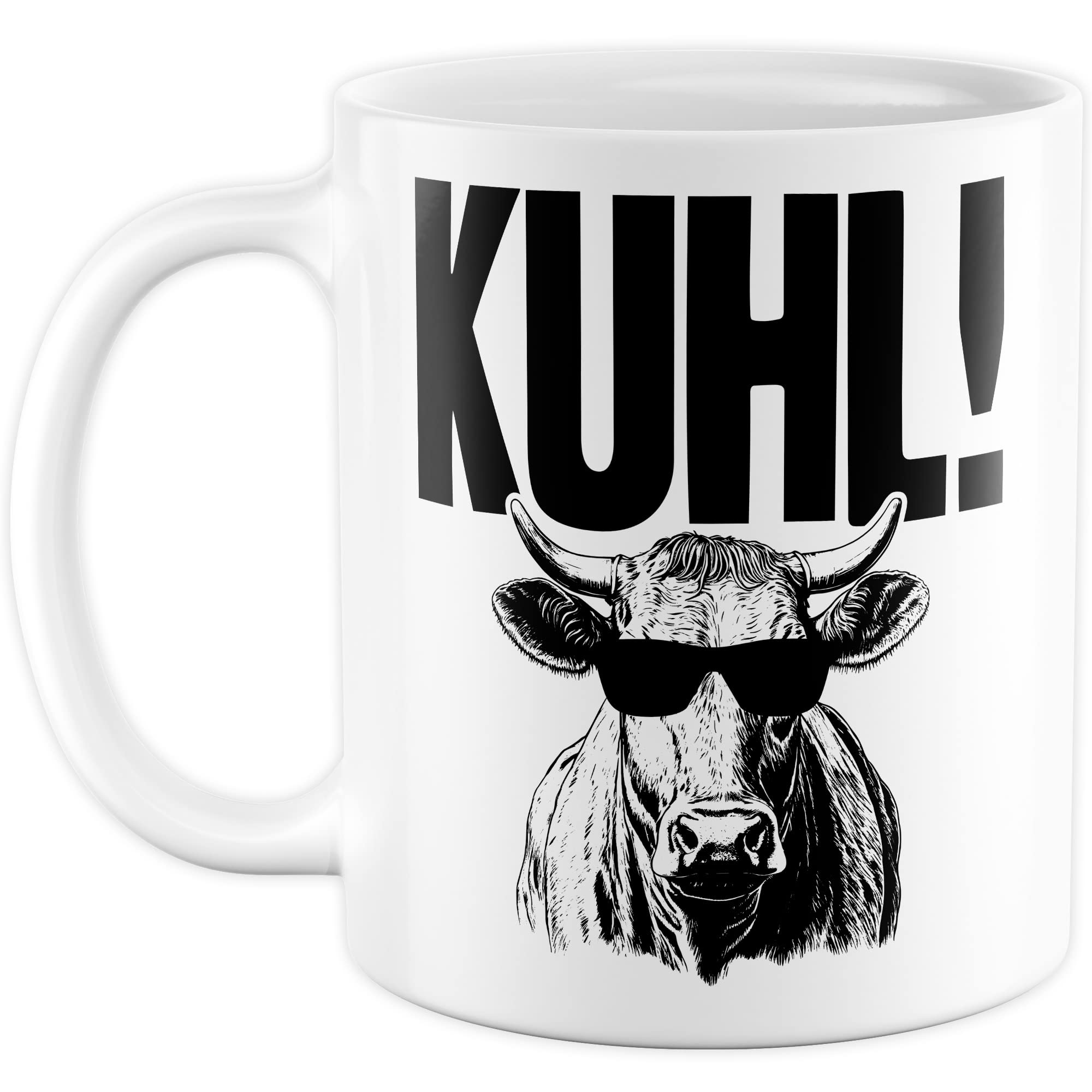 KUHL Tasse mit Spruch witzige Kaffeetasse mit Kuh Motiv Humor Geschenk Geschenkidee Kollegen Büro Kaffee-Becher lustig Freundin Kühe Sonnen Brille Cool Wortwitz Schreibfehler