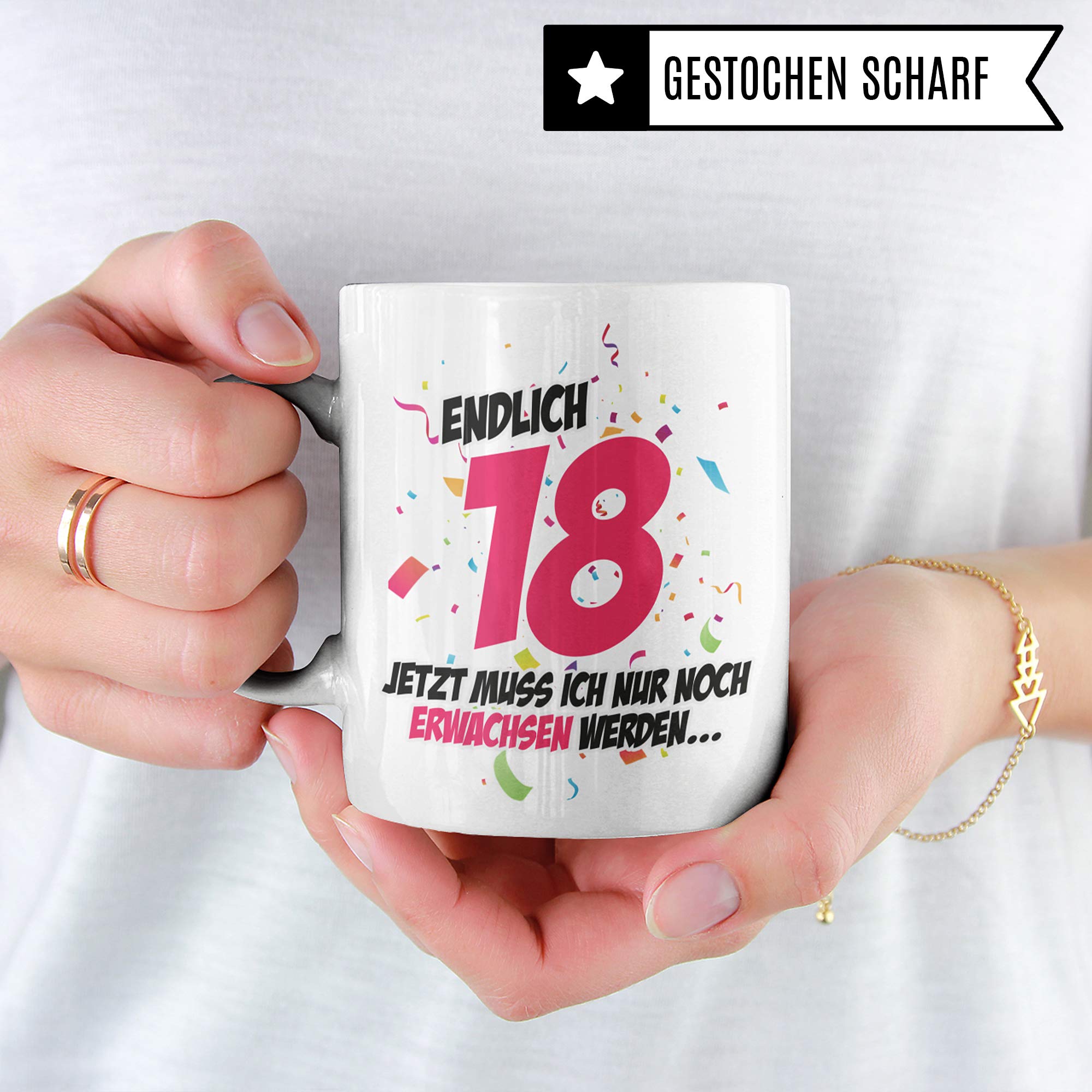 Pagma Druck 18. Geburtstag Mädchen Tasse, Geschenk zum 18 Geburtstag Becher, Endlich 18 Jetzt Muss Ich Nur Noch Erwachsen Werden, Geschenkideen Kaffeetasse Kaffeebecher