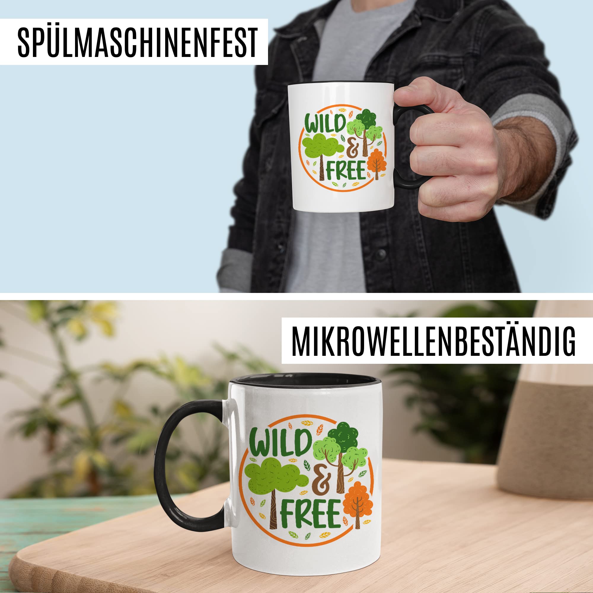 Wild & Free Becher Tasse Wohnmobil Wohnwagen Kaffeetasse Camping Geschenk Camper Kaffee-Becher Geschenkidee Outdoorfans Camperin Zelten Abenteuer Reisen Spruch Campingurlaub