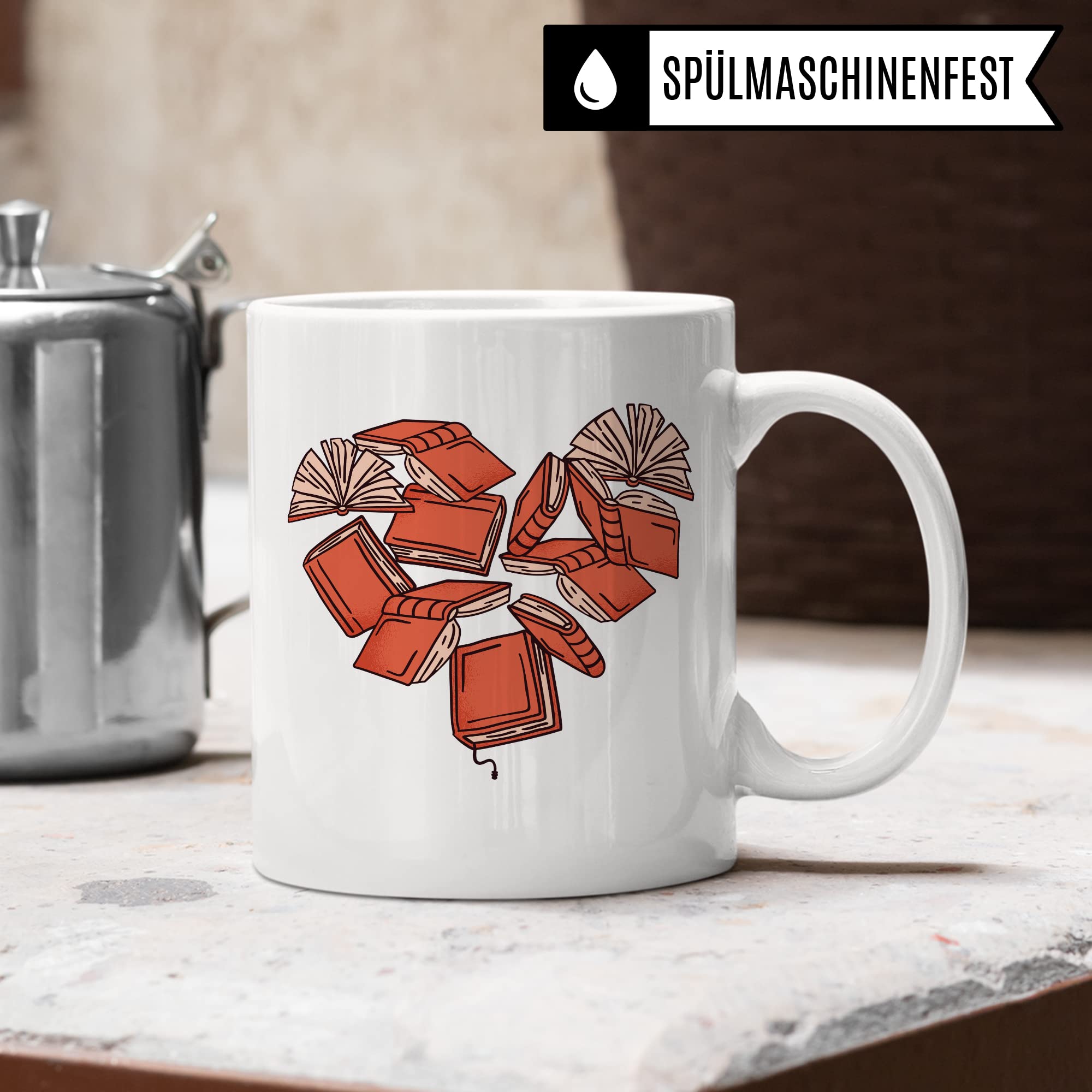 Tasse Herz Buch Motiv Kaffeetasse Leseratte Kaffee-Becher Bücherwurm Teetasse Geschenk Bücherliebe Geschenkidee Bücherliebe