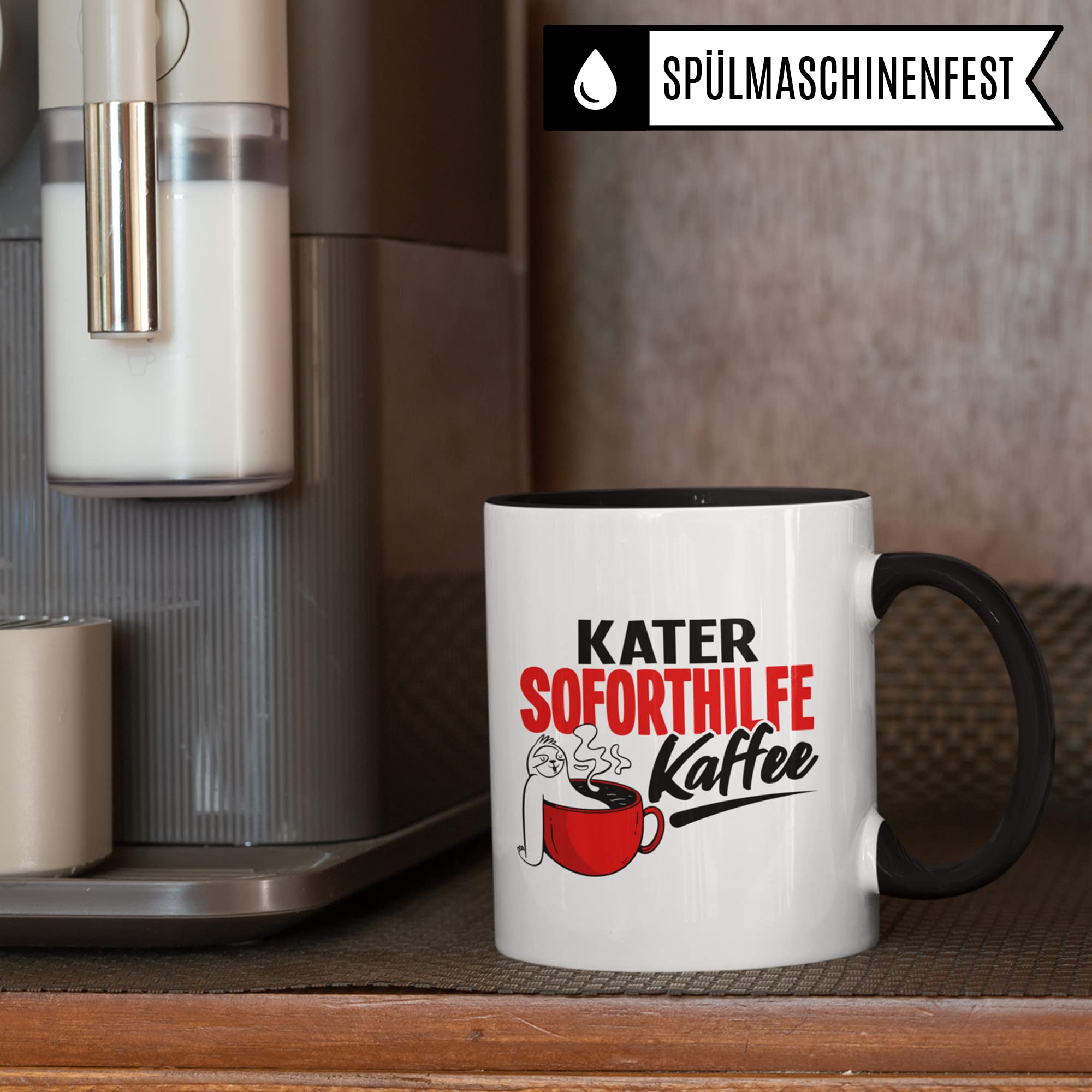 Tasse lustig mit Spruch - Kater Soforthilfe Kaffee - Geschenk für Freund Freundin Männer Frauen - Kaffeetasse gegen Hangover Party Saufen Kopfschmerzen, Witz Kaffeebecher