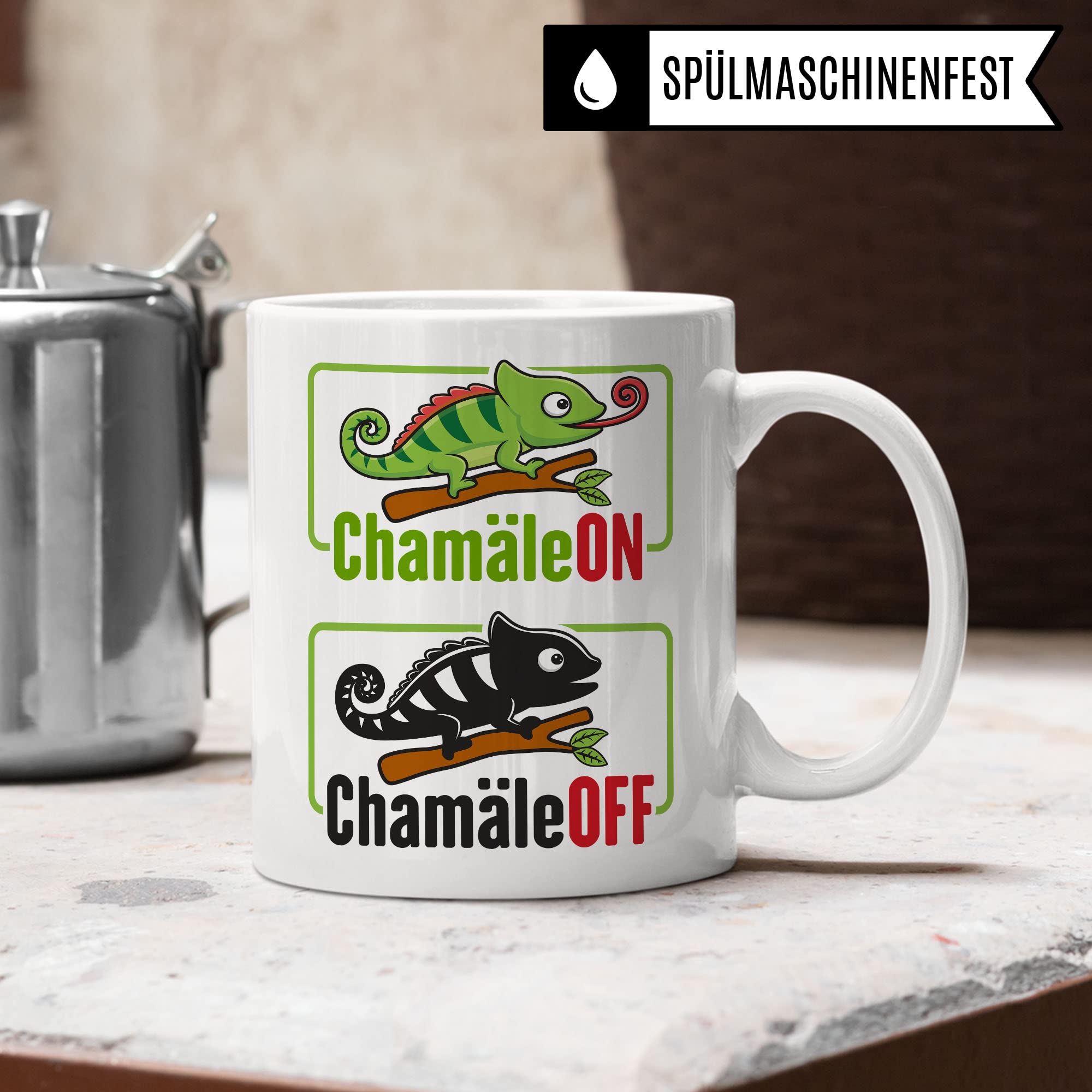 Tasse ChamäleON ChamäleOFF, Lustige Tasse mit Spruch und Tier Motiv, Büro lustig Sarkasmus Comic Witz Tiere Chamäleon Geschenk