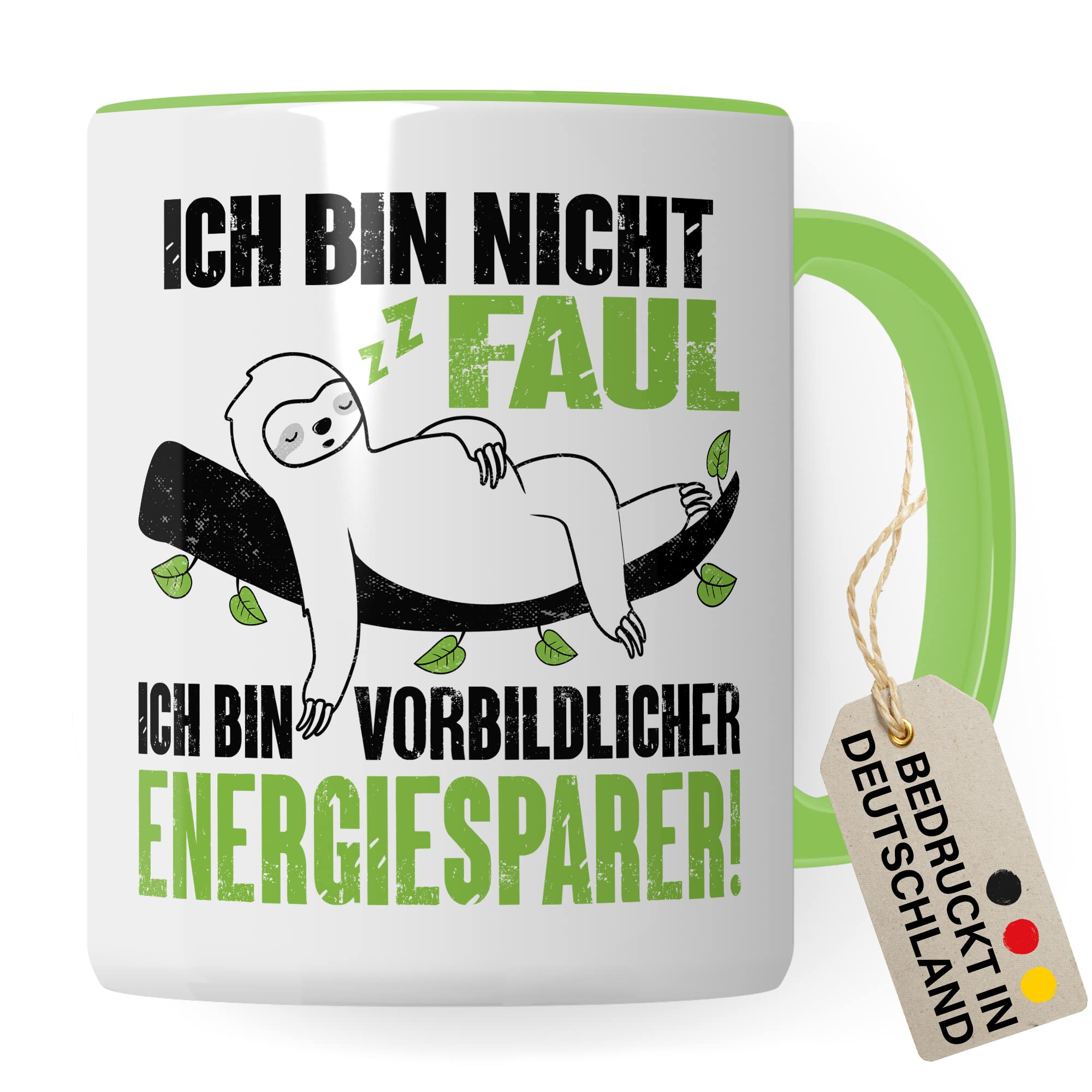 Tasse Energiesparer Geschenk, Ich bin nicht faul Ich bin vorbildlicher Energiesparer Geschenkidee Kaffeetasse mit Spruch lustig Kaffee-Becher Witztasse umweltfreundlich Faulheit Faultier