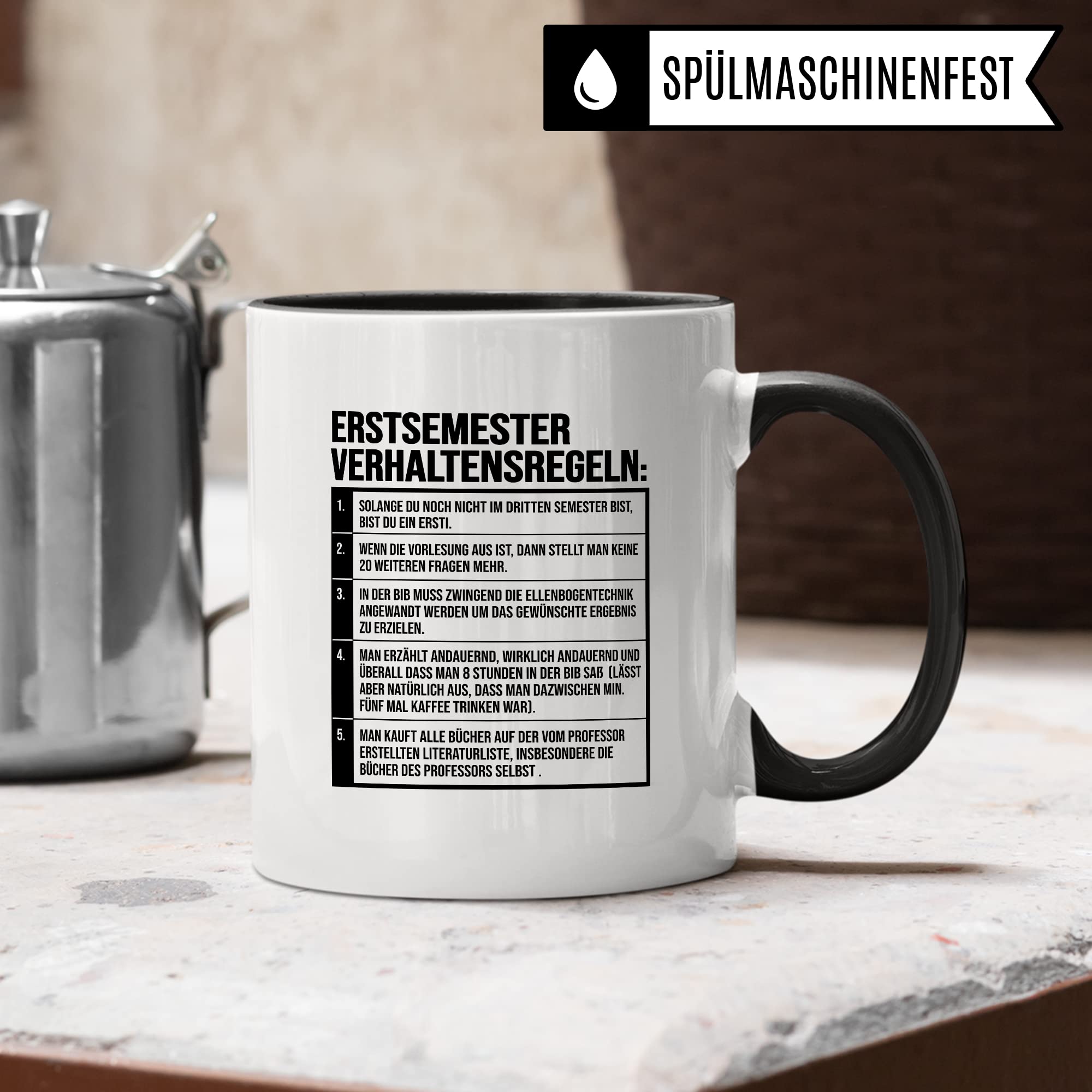 Erstsemester Tasse lustig Student Kaffeetasse Witz Studentin Kaffee-Becher Humor erstes Semester Geschenk Studienbeginn Geschenkidee Ersti Regeln Verhaltensregeln