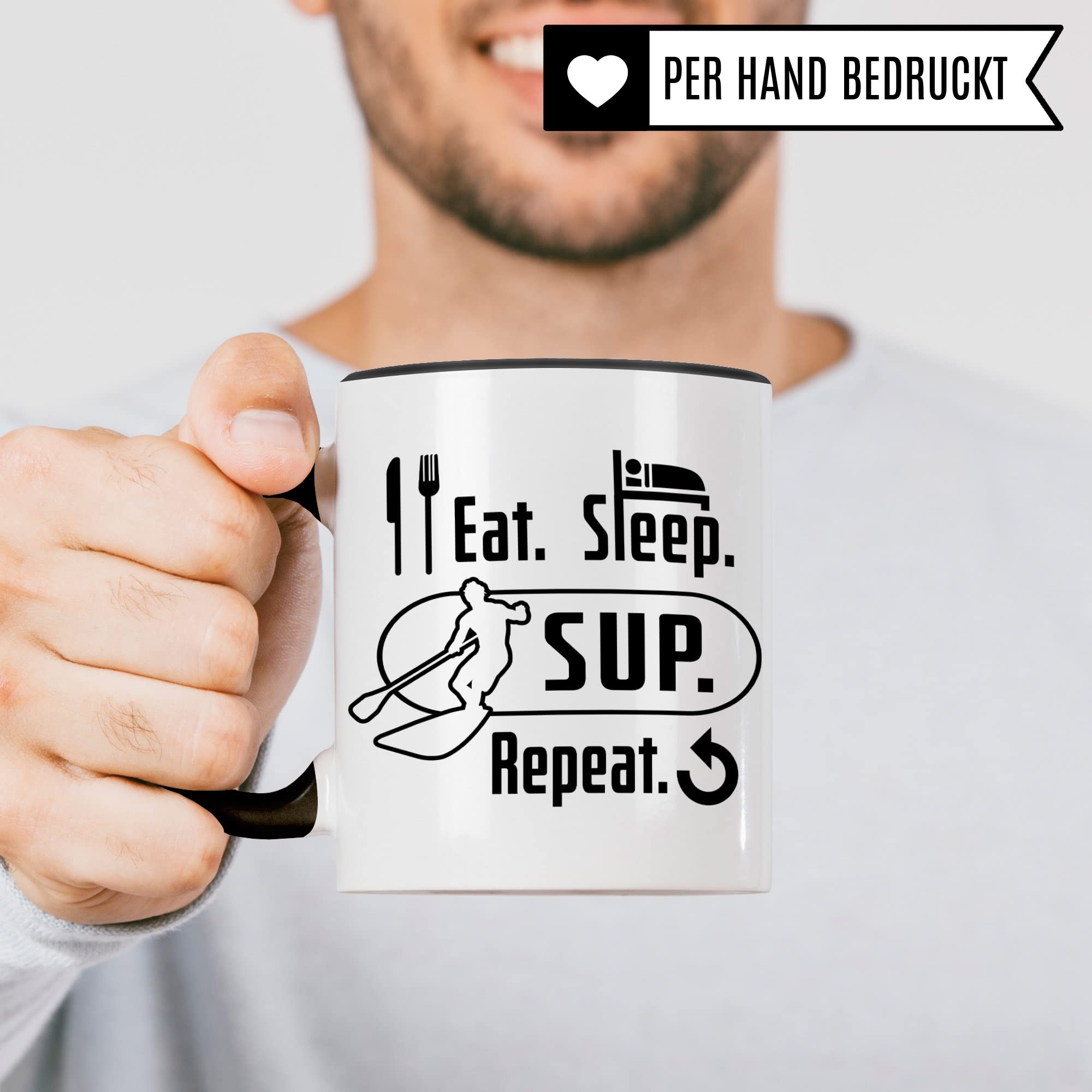 Stand Up Paddling Tasse Geschenkidee, Kaffeebecher für Stand Up Paddling Geschenk, Stand Up Paddle Kaffeetasse, Eat sleep SUP repeat Becher