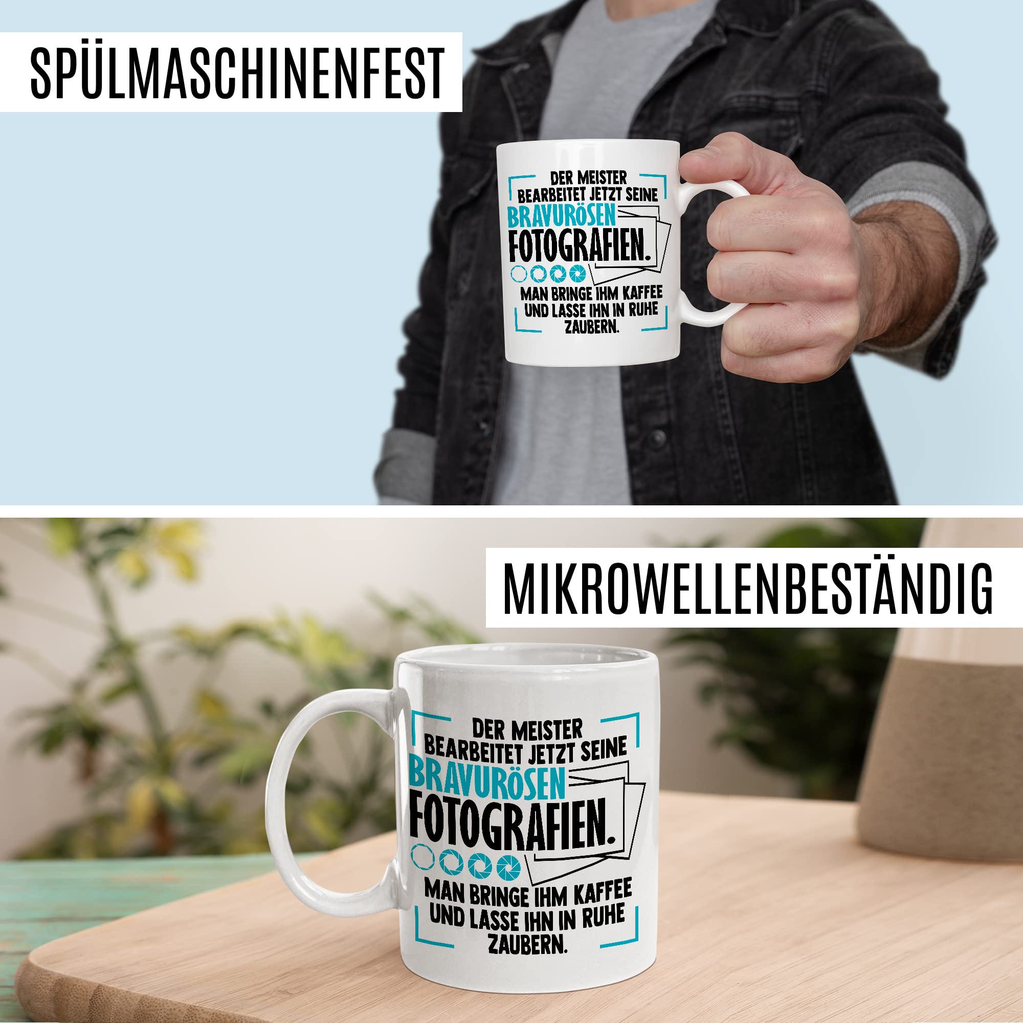 Tasse Kameramann Geschenk, Der Meister bearbeitet jetzt seine meisterhaften Fotografien Geschenkidee Fotograf Kaffee-Becher Kaffeetasse Tasse mit Spruch lustig Kamera