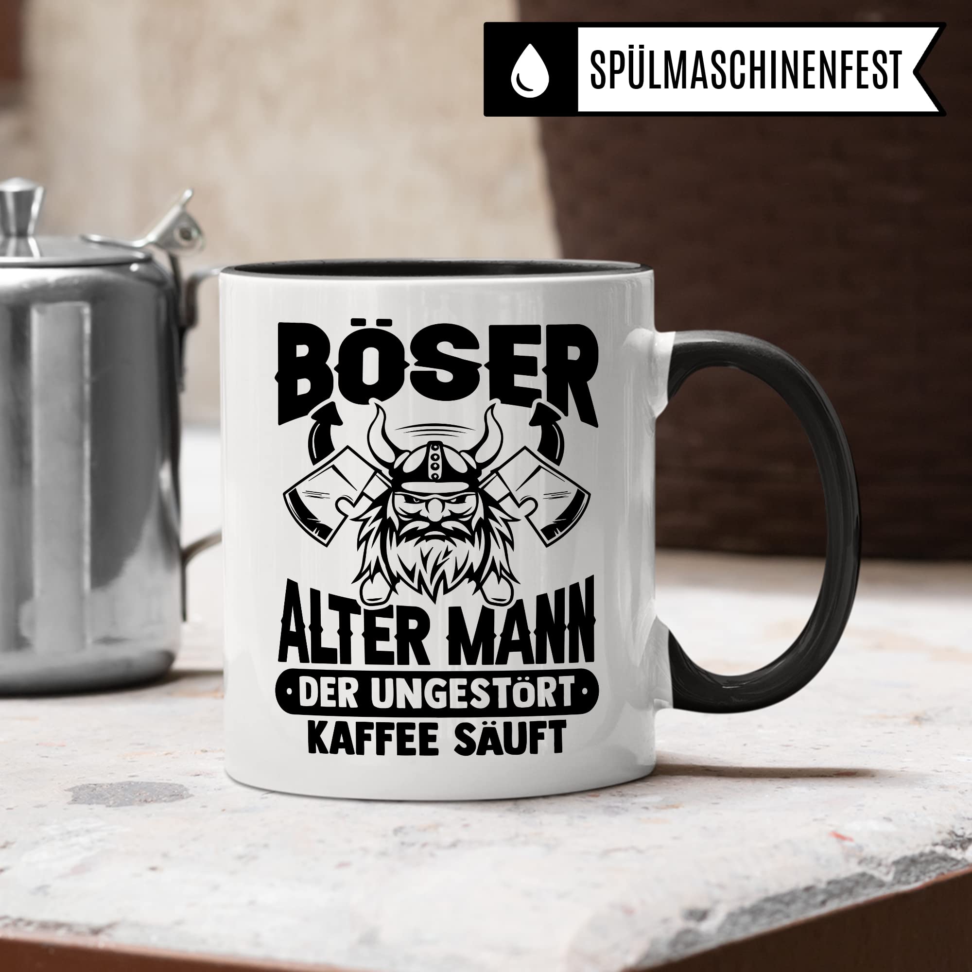 Tasse alter Mann, Böser alter Mann der ungestört Kaffee säuft Kaffee-Becher Geschenk Geschenkidee für alte Männer Papa Opa Kaffeetasse Wikinger-Motiv Tasse mit Spruch lustig