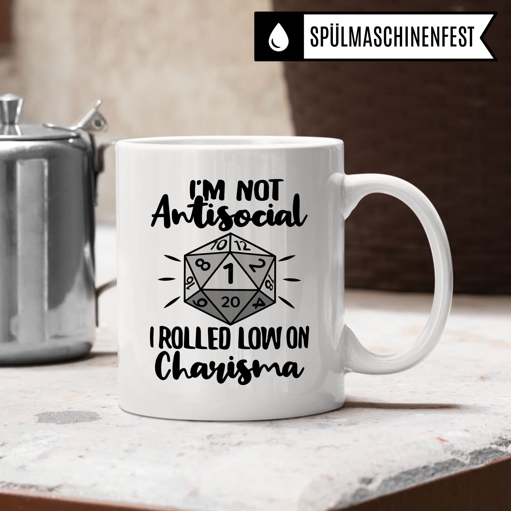 DnD Roleplay Tasse, I'm not Antisocial - I rolled low on Charisma Spruch, Geschenk Rollenspiel Spruch D20 Dice, Pen & Paper Tabletop D20 Würfel Motiv Kaffee-Becher Geschenkidee