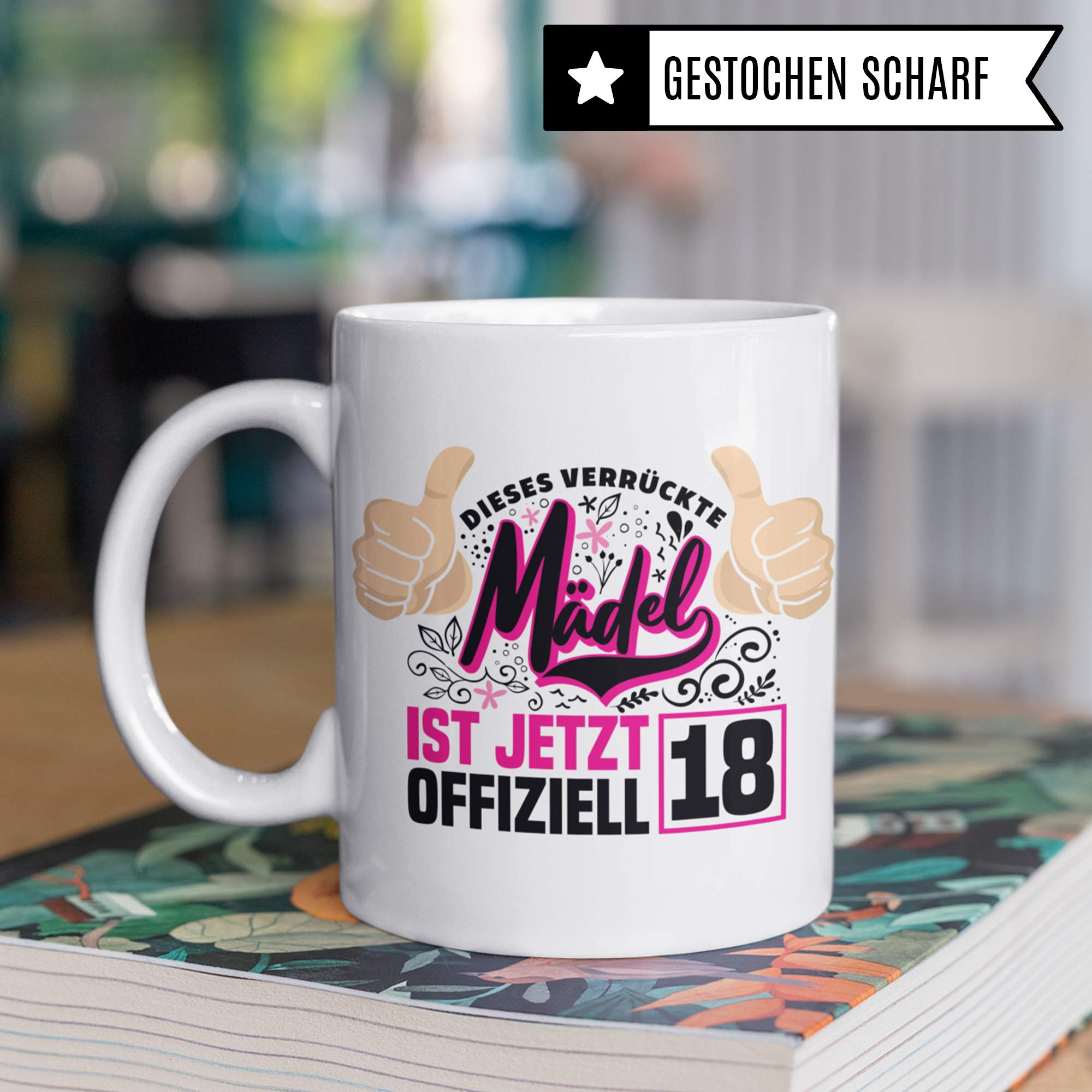 Pagma Druck Mädchen 18 Jahre Geburtstag Tasse, Volljährig Geschenk Becher, 18 Jahre alt Geschenkidee, Kaffeetasse Geburtstagsgeschenk (Weiß/Weiß)