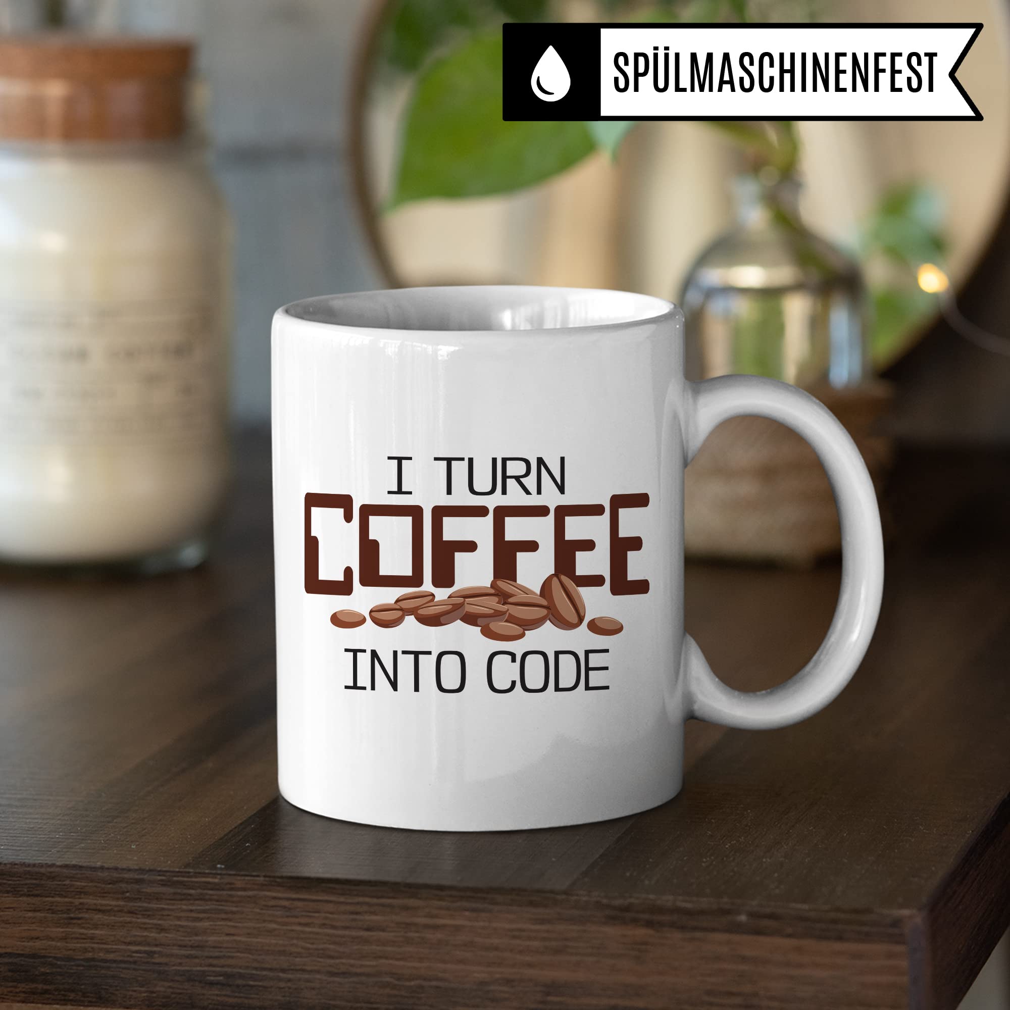 Informatik Geschenk Tasse, I turn Coffee into Code Geschenkidee für Informatiker Kaffee-Becher Informatikerin Programmieren Kaffeetasse mit Spruch lustig Coding