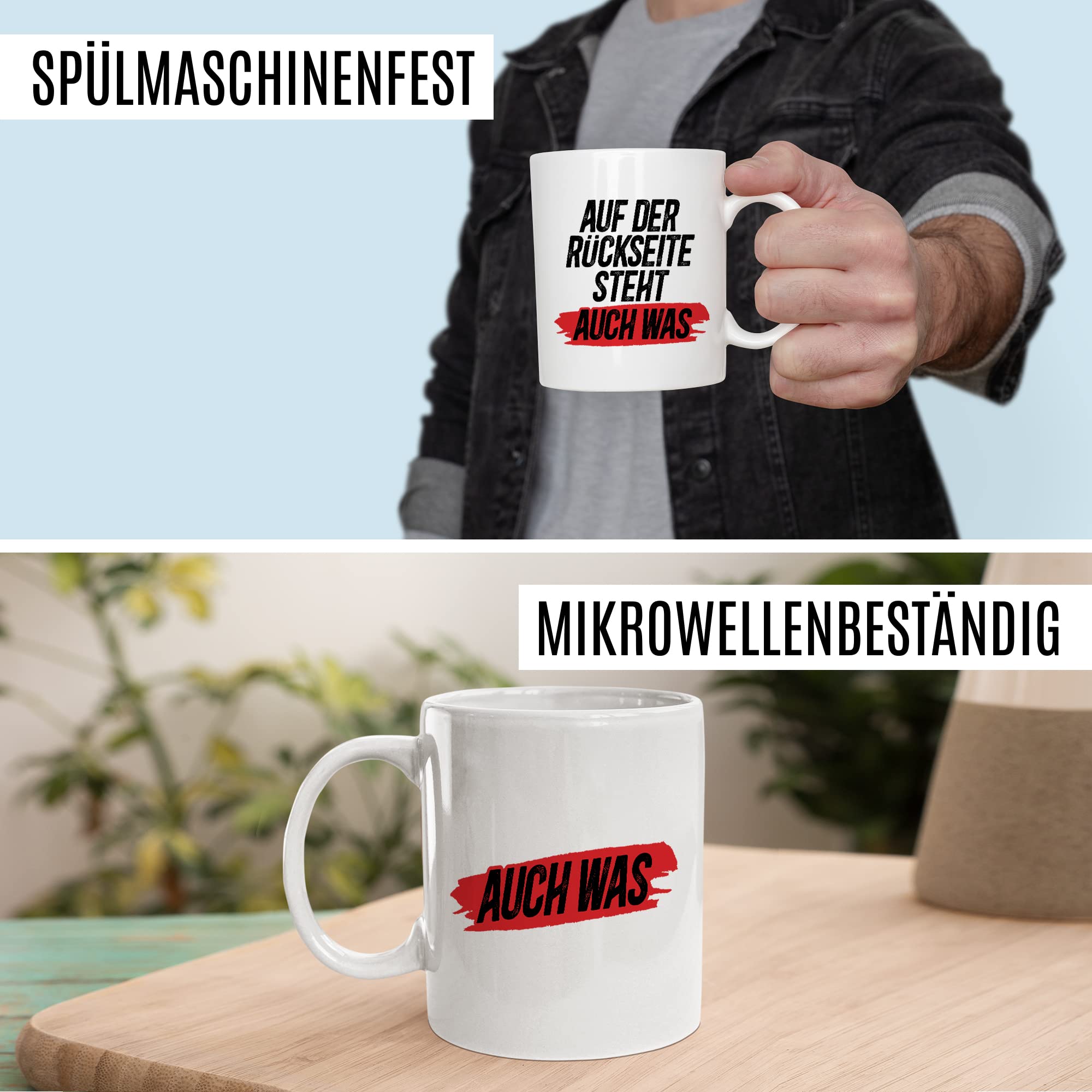 Tasse Spruch lustig, Auf der Rückseite steht auch was Tasse mit Spruch lustig Geschenk Geschnekidee Kaffee-Becher Kaffeetasse Humor Flachwitz Schenkelklopfer witzig