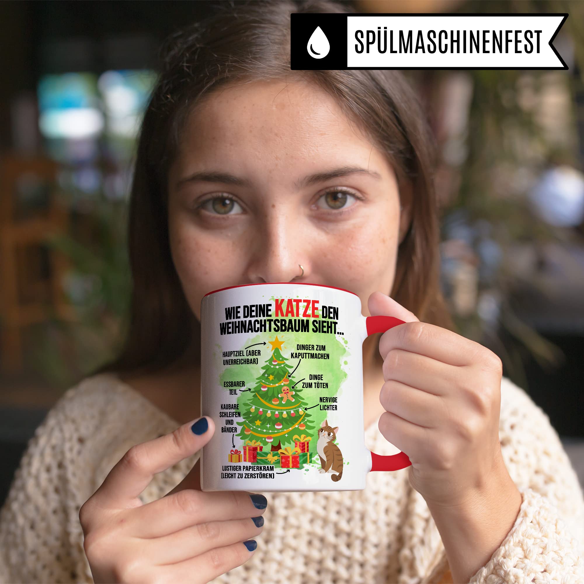 Katzen Tasse Weihnachten Kaffeetasse lustig Weihnachtsbaum Kaffee-Becher Katzenliebhaber Geschenkidee Vierbeiner Katzenhalter Geschenk Tasse mit Spruch Humor Sarkasmus Glühweintasse